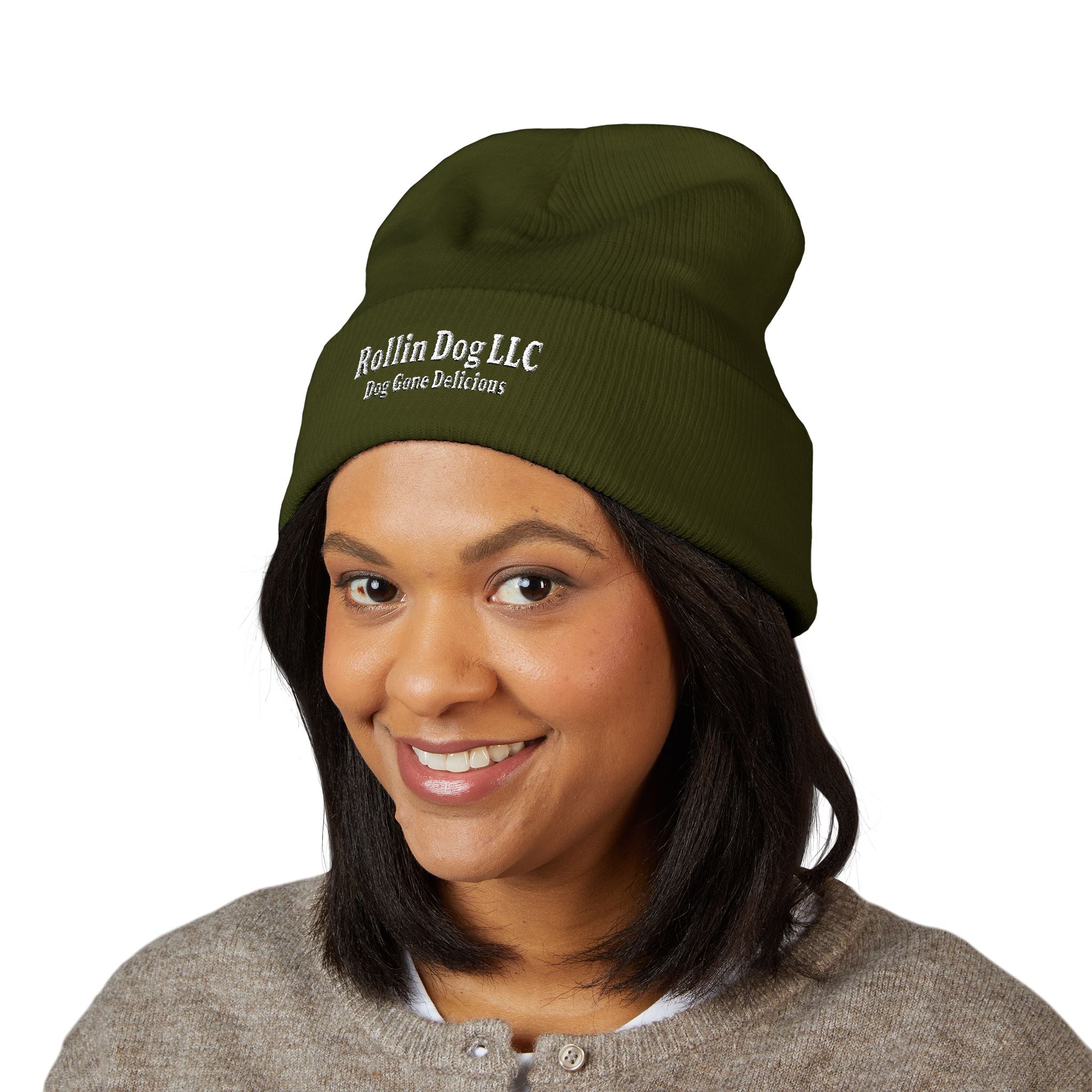 Embroidered Classic White Cuffed Beanie - Rollin Dog LLC Logo