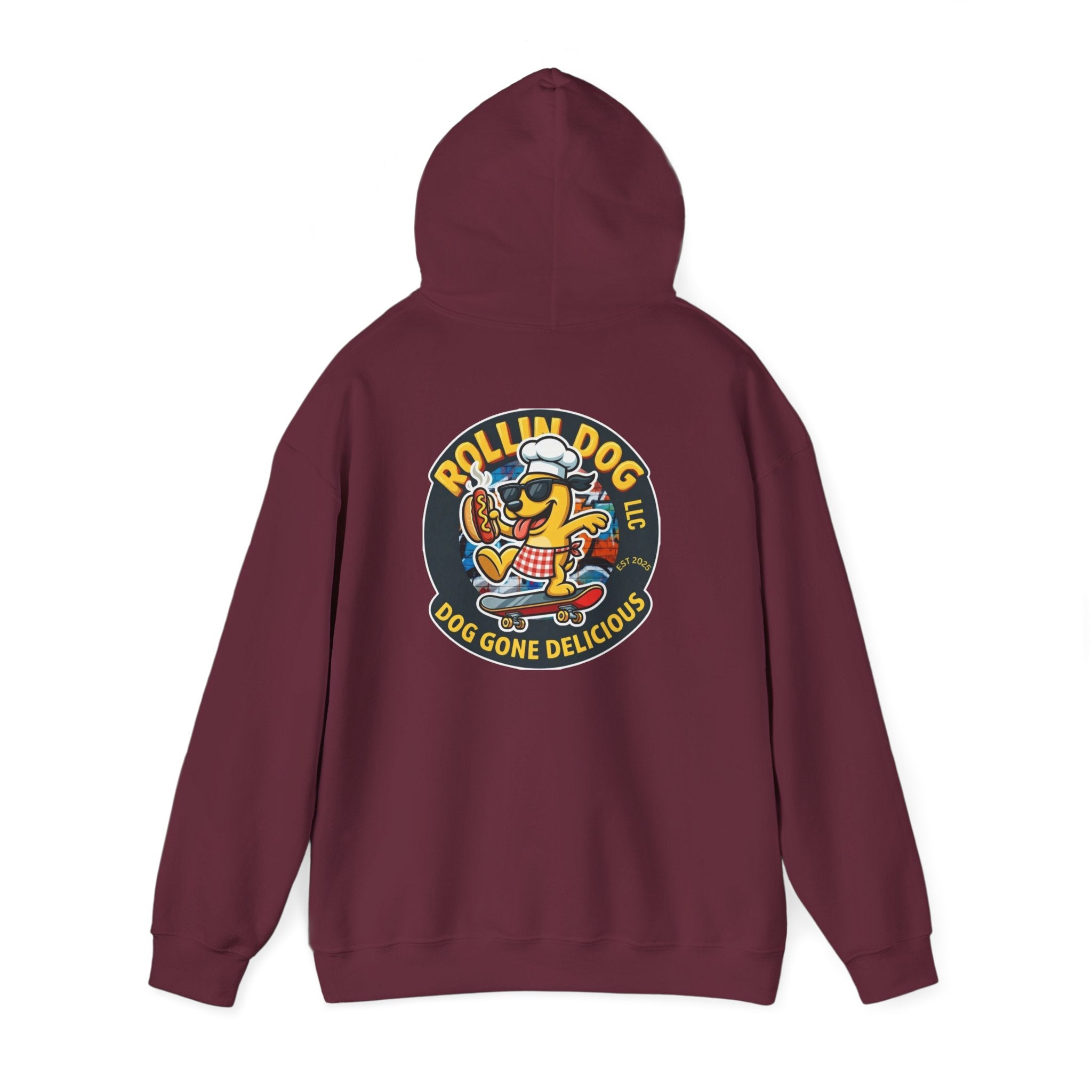 Rollin Dog LLC Skateboard Logo Hoodie — 'Dog Gone Delicious' Chef Hot Dog Graphic Hoodie