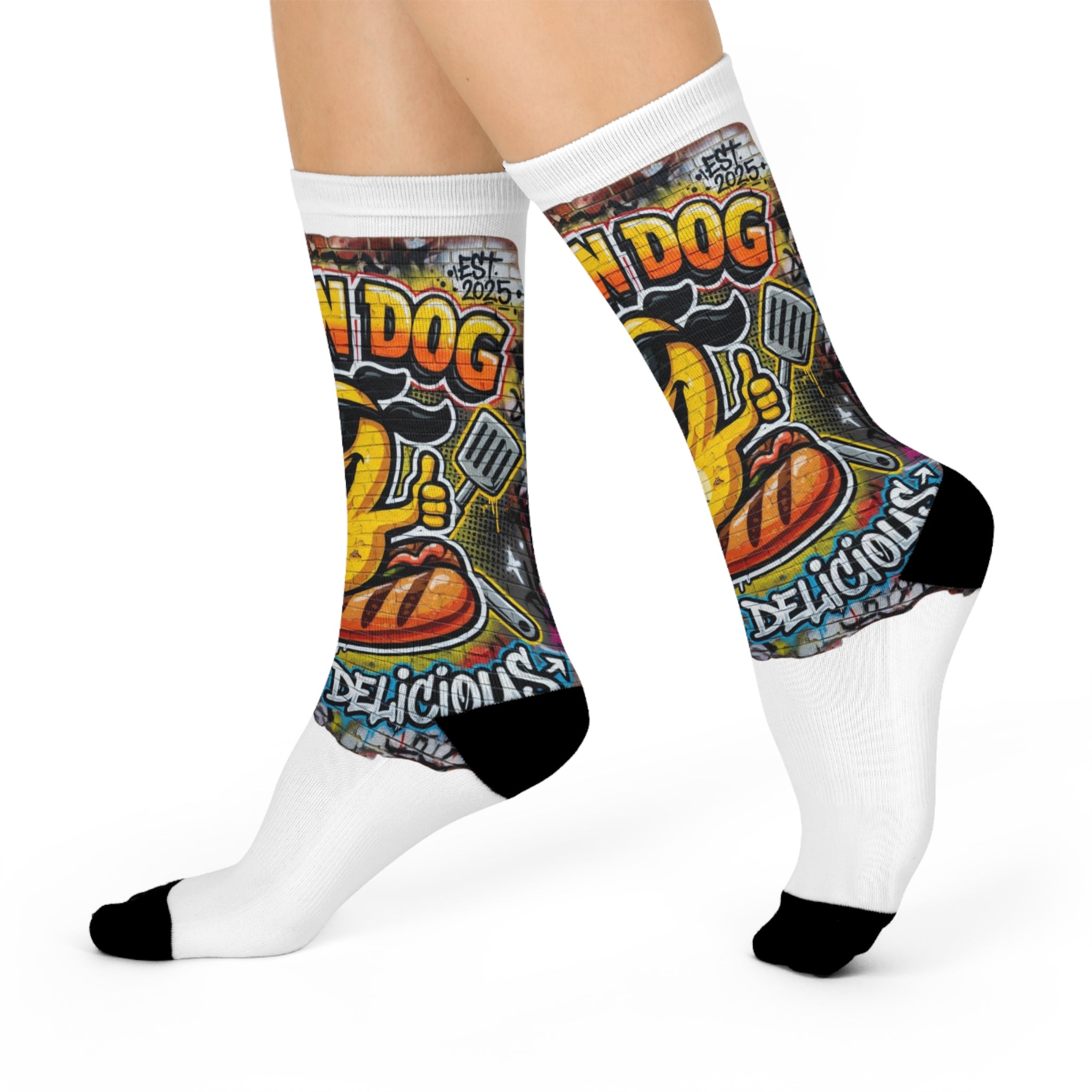 Hot Dog  Graffiti Crew Socks — Retro Grill Mascot Cushioned Socks ("Rollin' Dog")