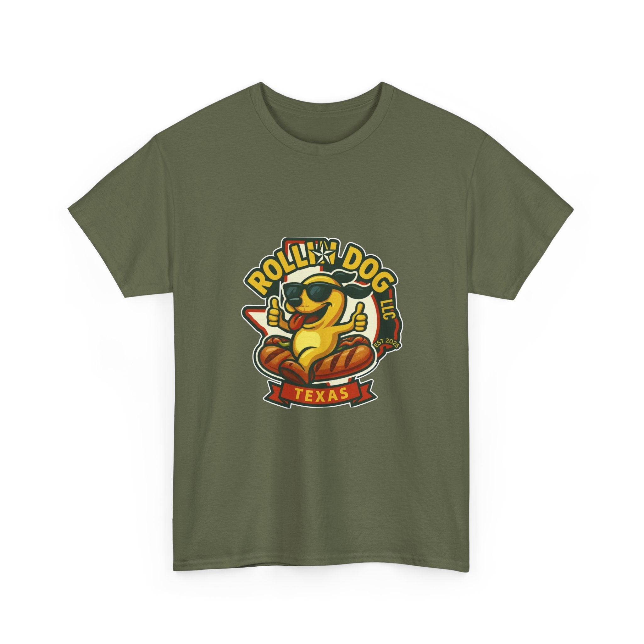 T-Shirt — "Rollin' Dog Texas" Cool Hot Dog Mascot Graphic Tee