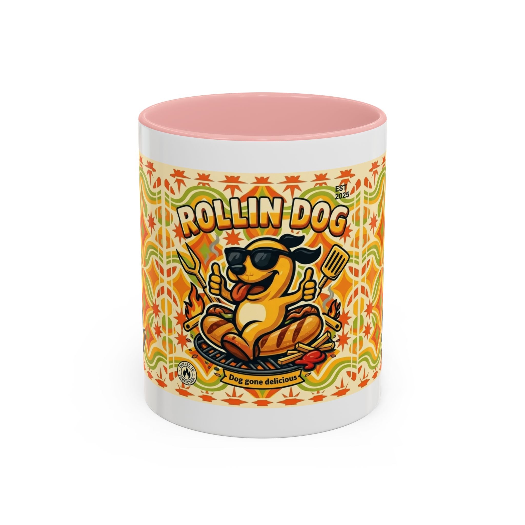 Retron Hot Dog Food Truck Accent Coffee Mug — "Rollin Dog" Retro Summer BBQ Mug (11/15oz)