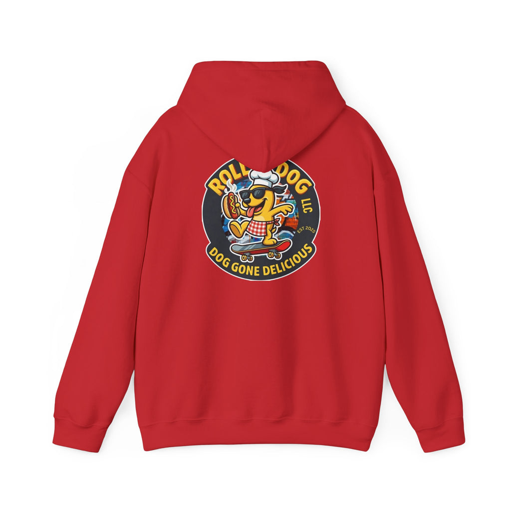 Rollin Dog LLC Skateboard Logo Hoodie — 'Dog Gone Delicious' Chef Hot Dog Graphic Hoodie