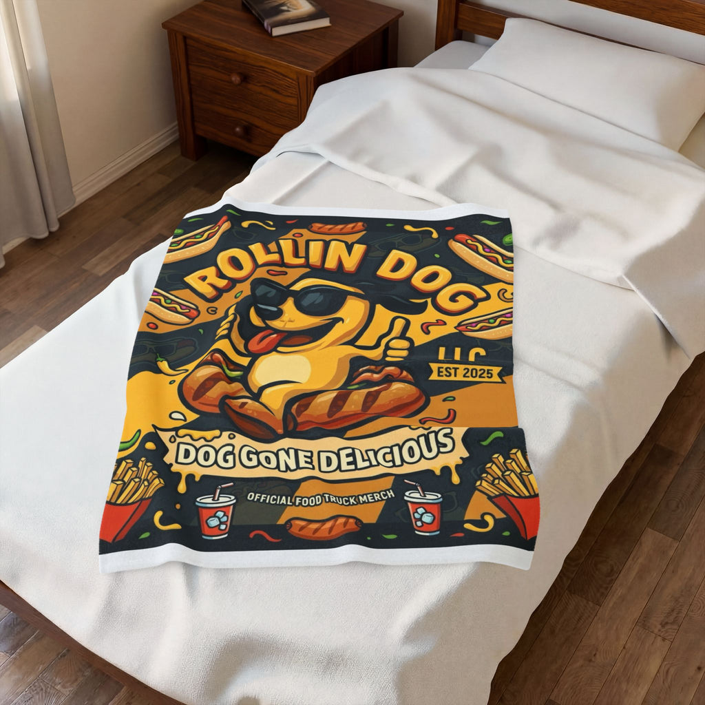 Velveteen Plush Blanket – "Rollin Dog: Dog Gone Delicious" Food Truck Graphic Throw