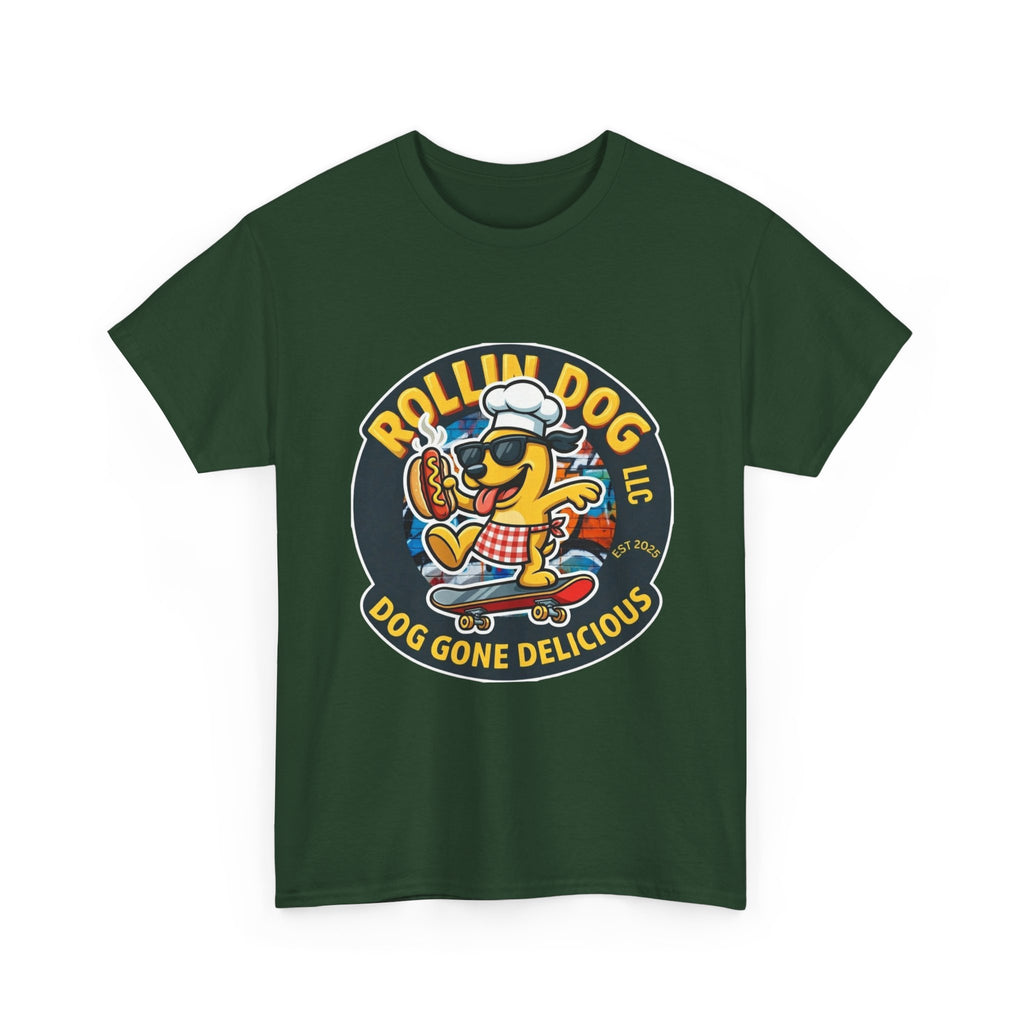 Rollin Dog Skateboard Hot Dog T-Shirt — 'Rollin Dog LLC: Dog Gone Delicious' Vintage Logo Tee