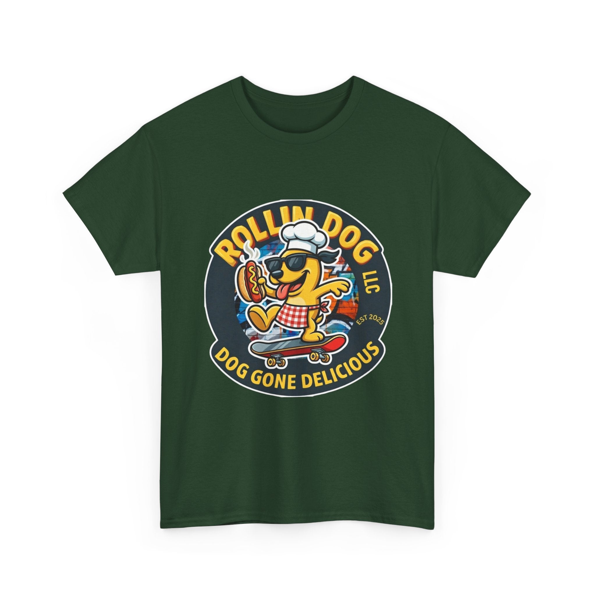 Rollin Dog Skateboard Hot Dog T-Shirt — 'Rollin Dog LLC: Dog Gone Delicious' Vintage Logo Tee