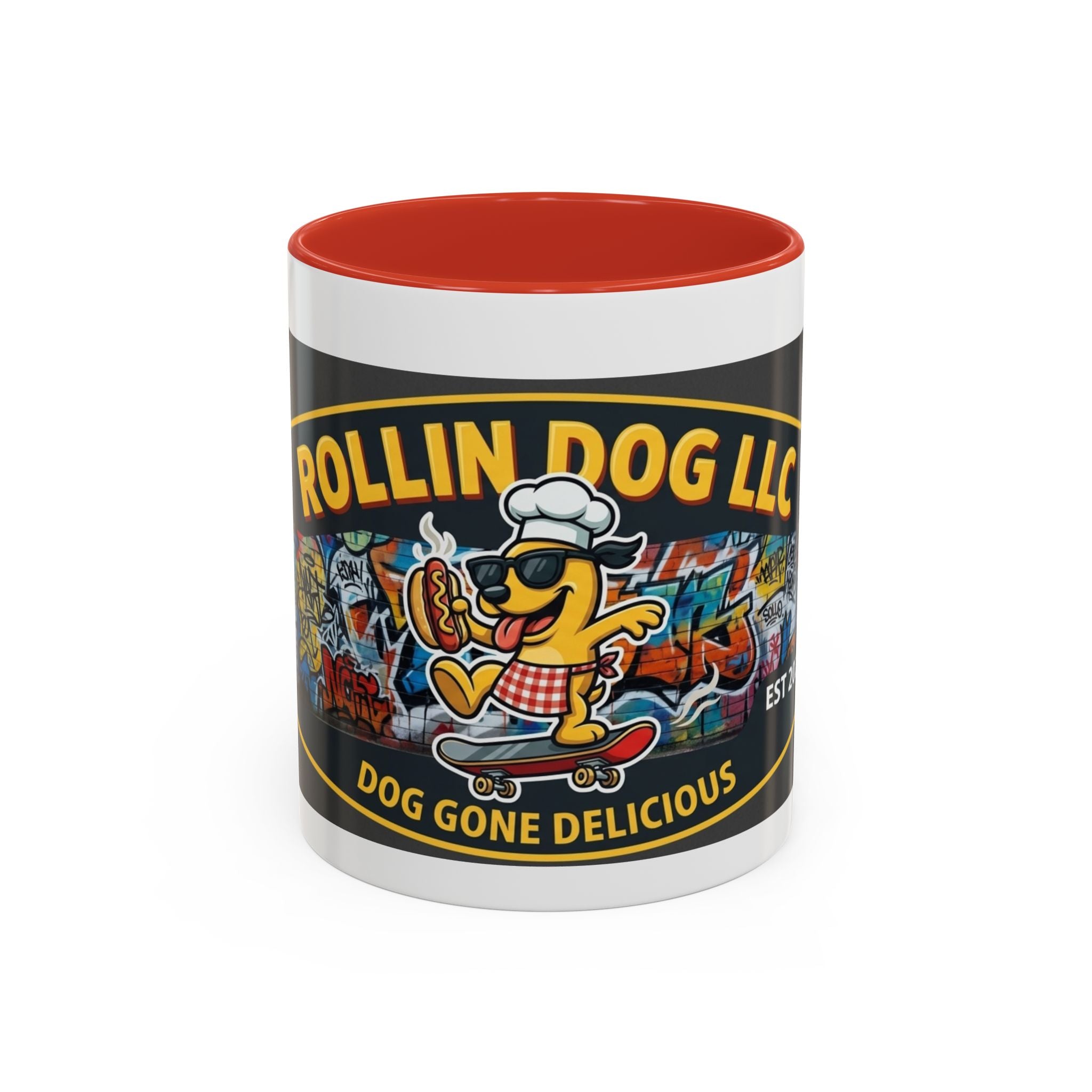 Rolling Dog Coffee Mug — 'Dog Gone Delicious' Skateboard Hot Dog Design