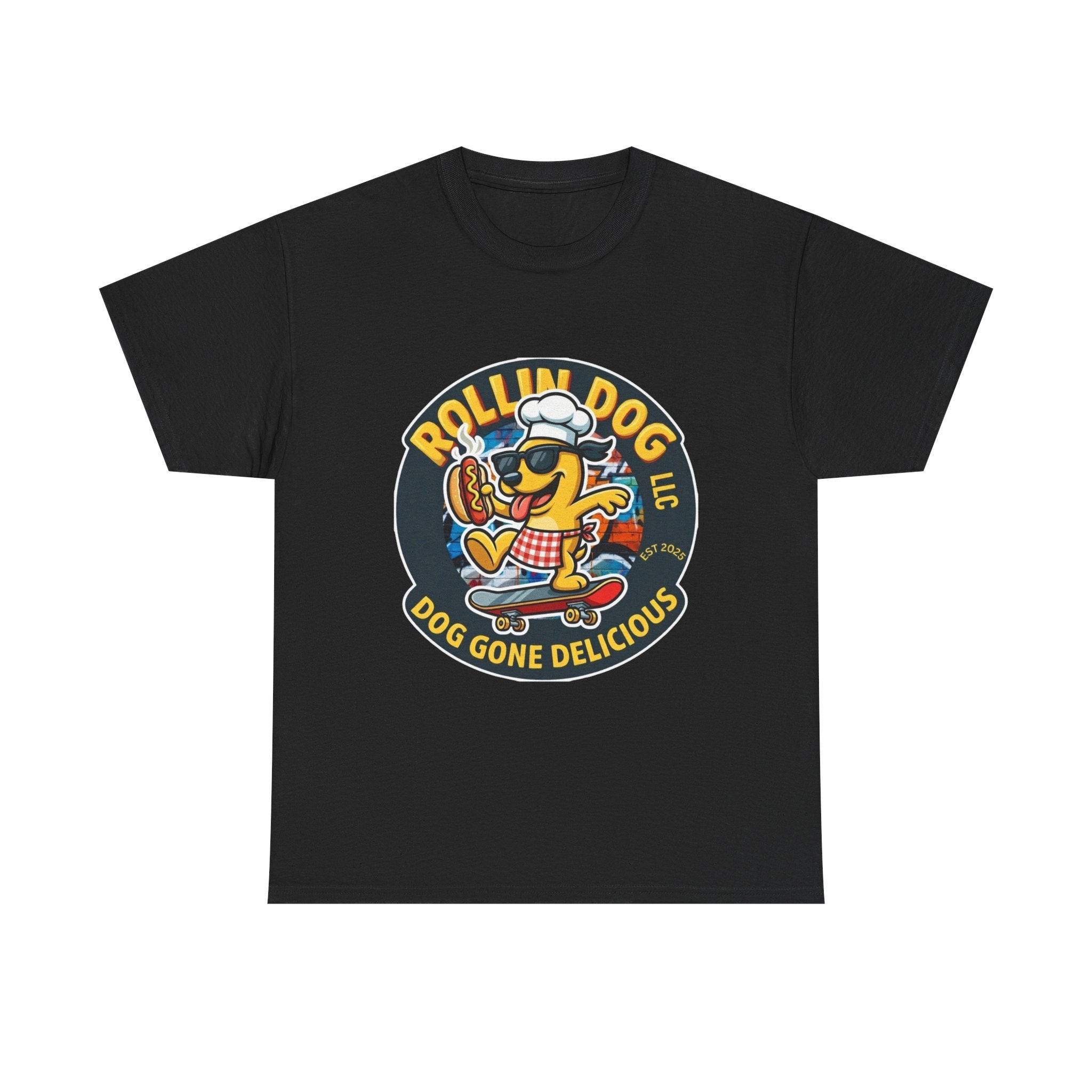 Rollin Dog Skateboard Hot Dog T-Shirt — 'Rollin Dog LLC: Dog Gone Delicious' Vintage Logo Tee