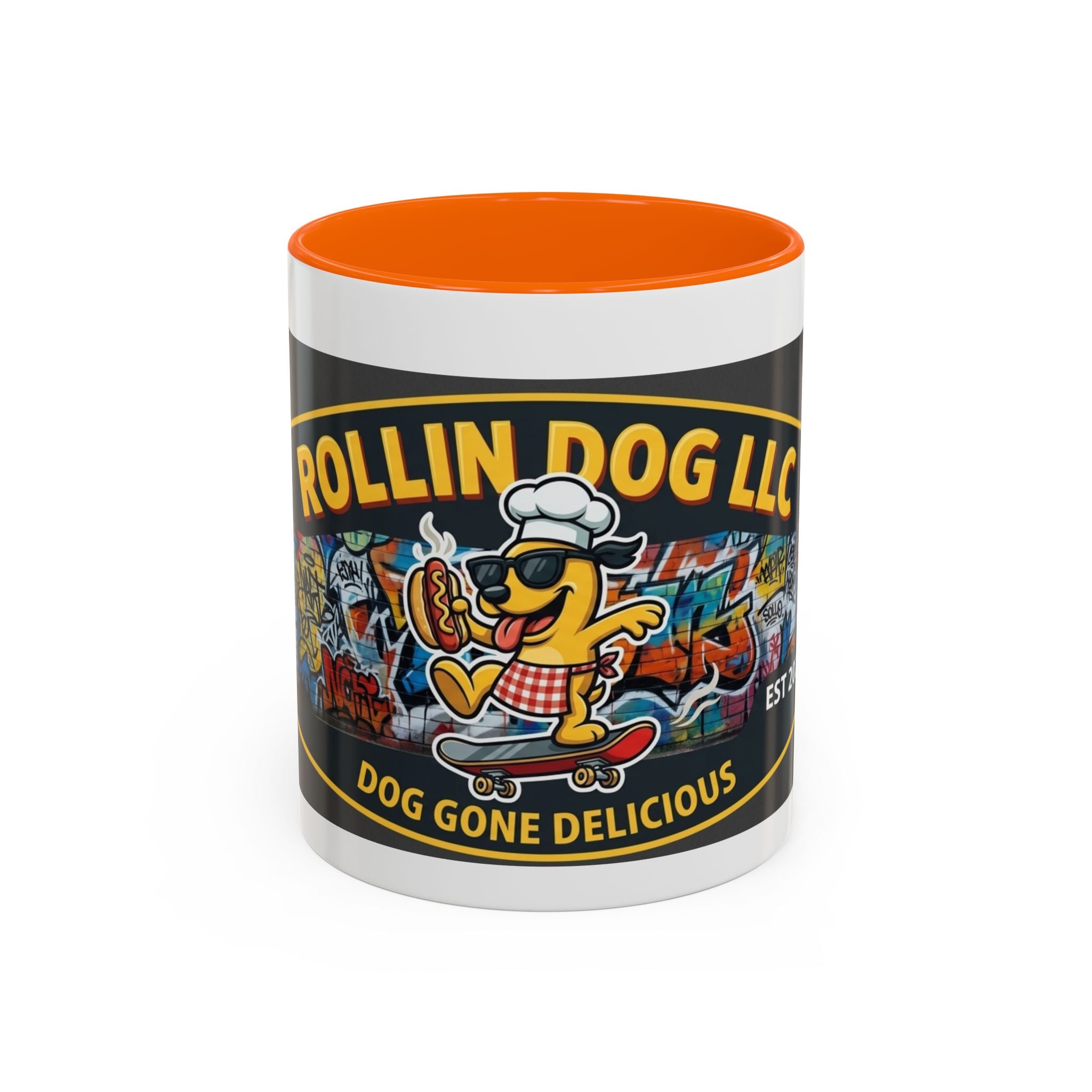 Rolling Dog Coffee Mug — 'Dog Gone Delicious' Skateboard Hot Dog Design
