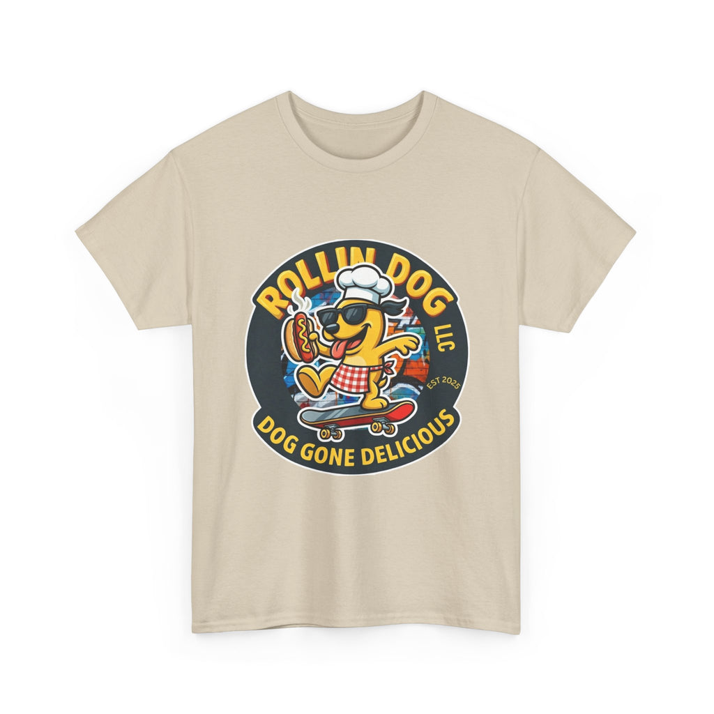 Rollin Dog Skateboard Hot Dog T-Shirt — 'Rollin Dog LLC: Dog Gone Delicious' Vintage Logo Tee