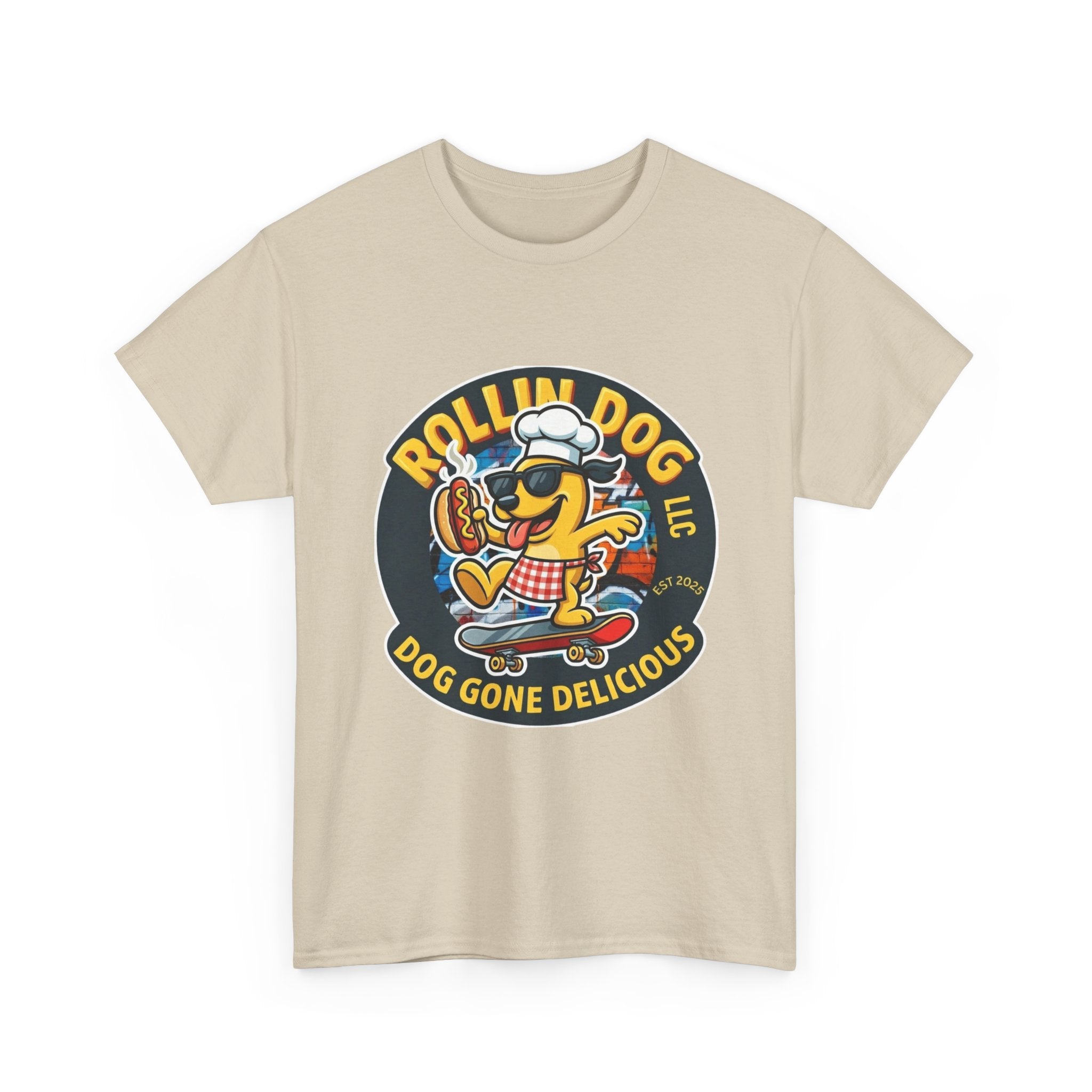 Rollin Dog Skateboard Hot Dog T-Shirt — 'Rollin Dog LLC: Dog Gone Delicious' Vintage Logo Tee