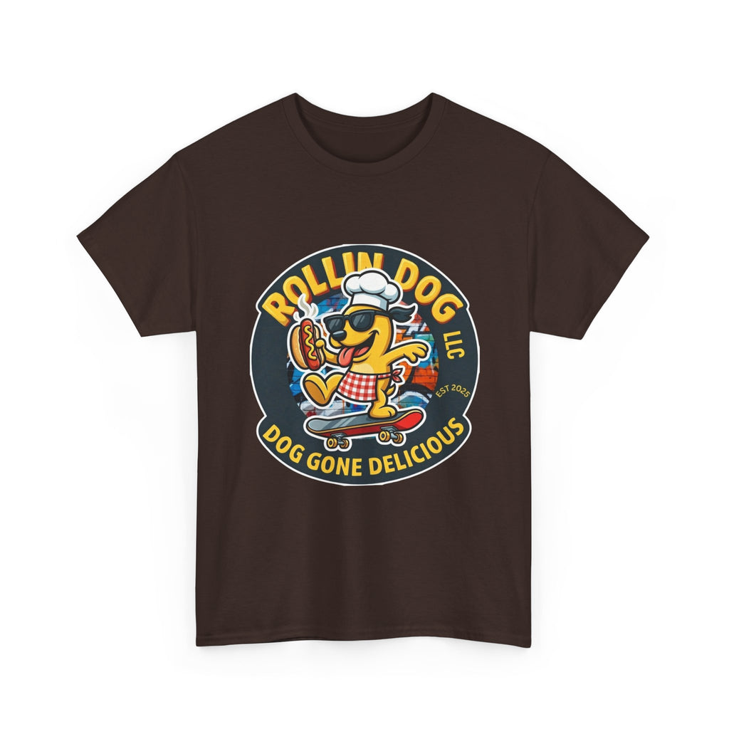Rollin Dog Skateboard Hot Dog T-Shirt — 'Rollin Dog LLC: Dog Gone Delicious' Vintage Logo Tee