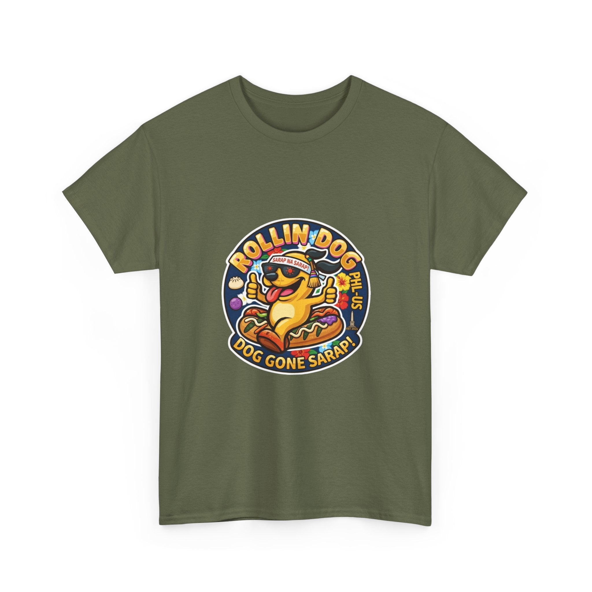 T-Shirt — "Rollin Dog" Hot Dog Graphic Tee (Dog Gone Saked!)