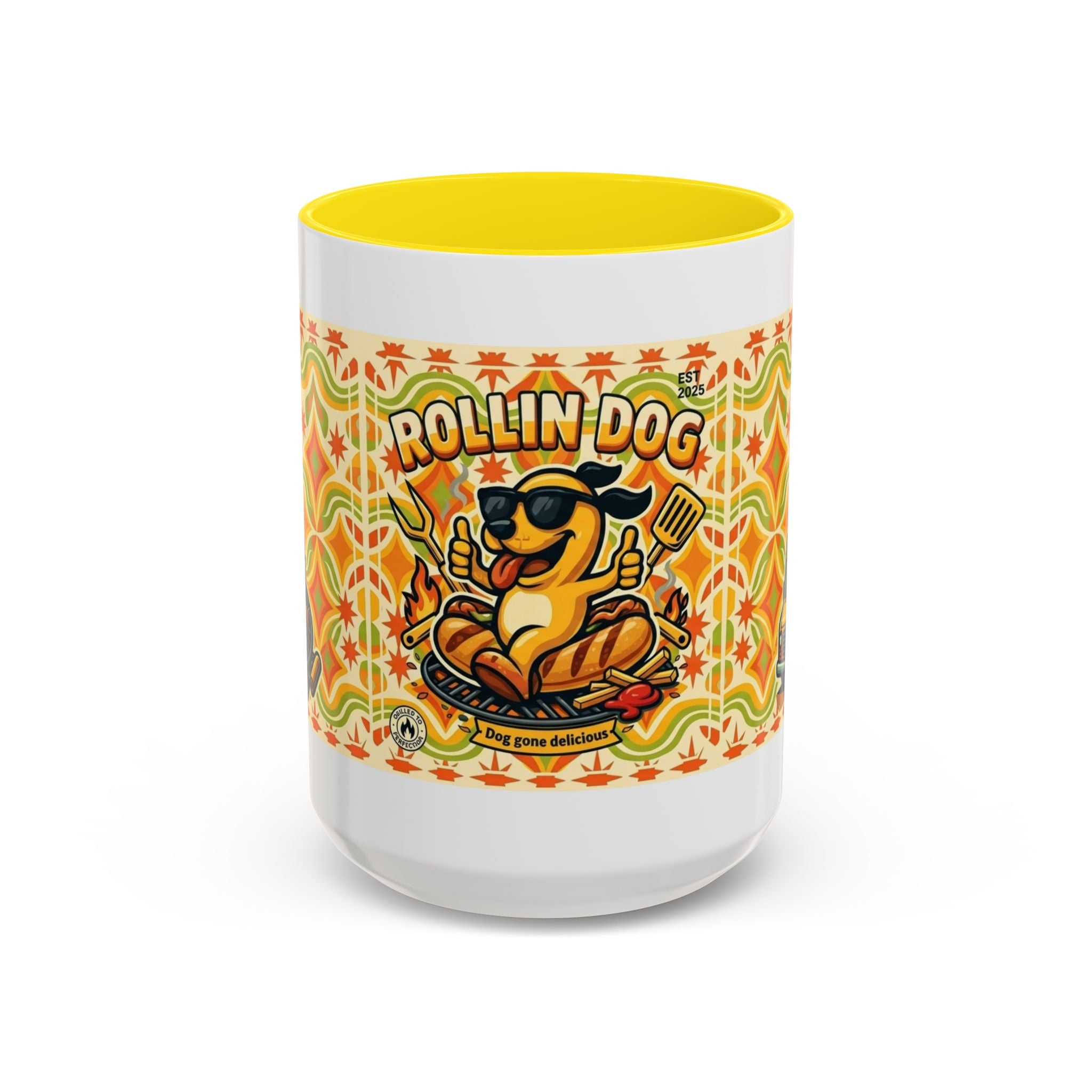 Retron Hot Dog Food Truck Accent Coffee Mug — "Rollin Dog" Retro Summer BBQ Mug (11/15oz)