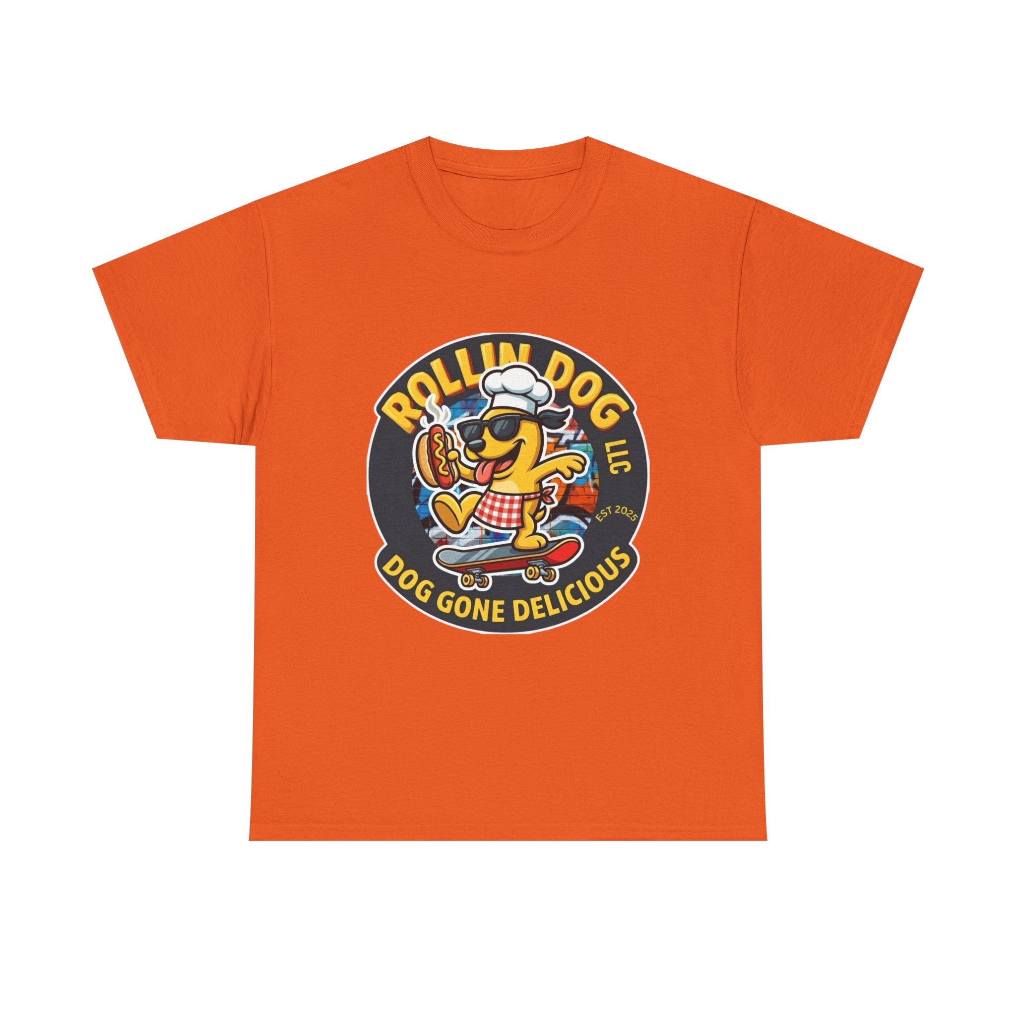 Rollin Dog Skateboard Hot Dog T-Shirt — 'Rollin Dog LLC: Dog Gone Delicious' Vintage Logo Tee