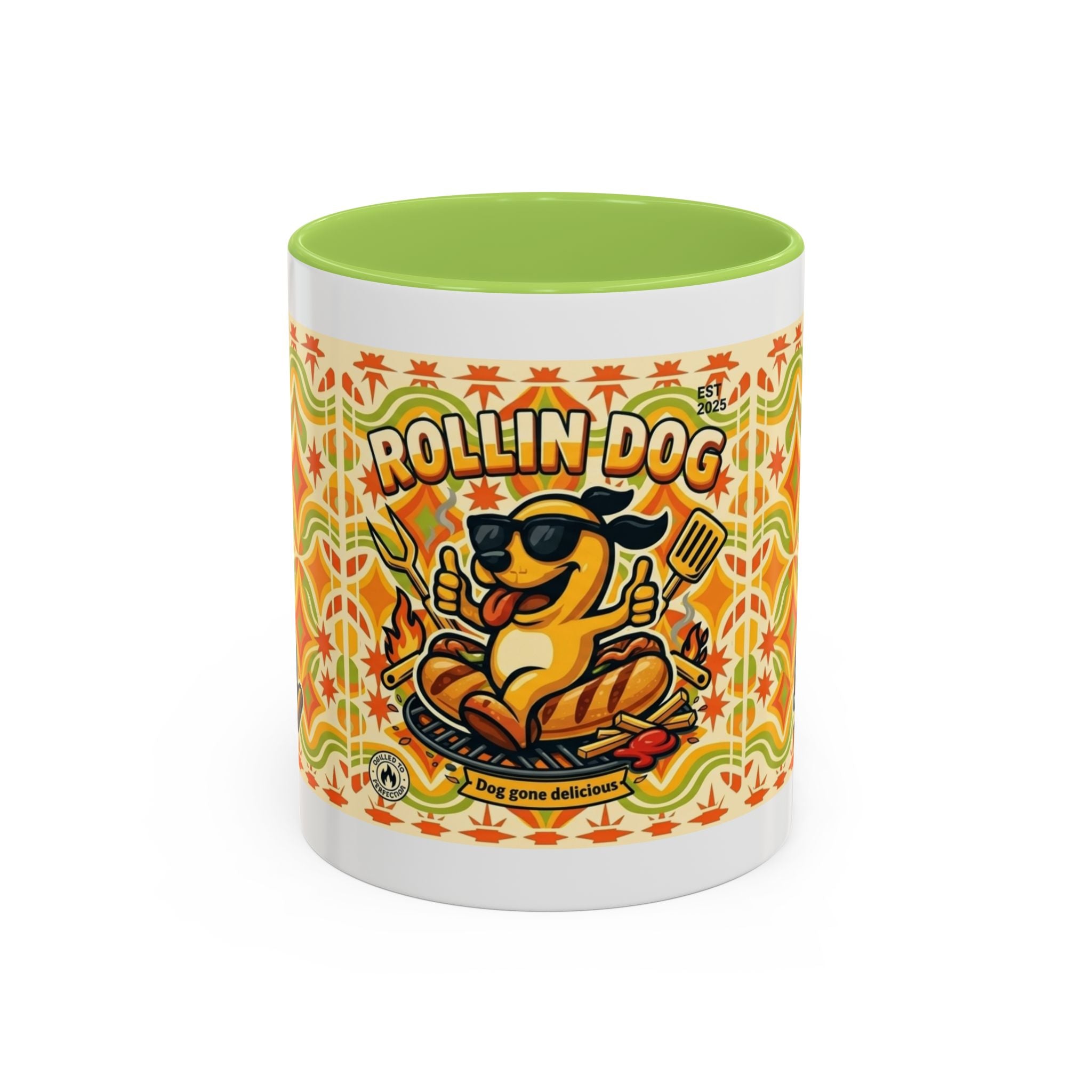 Retron Hot Dog Food Truck Accent Coffee Mug — "Rollin Dog" Retro Summer BBQ Mug (11/15oz)
