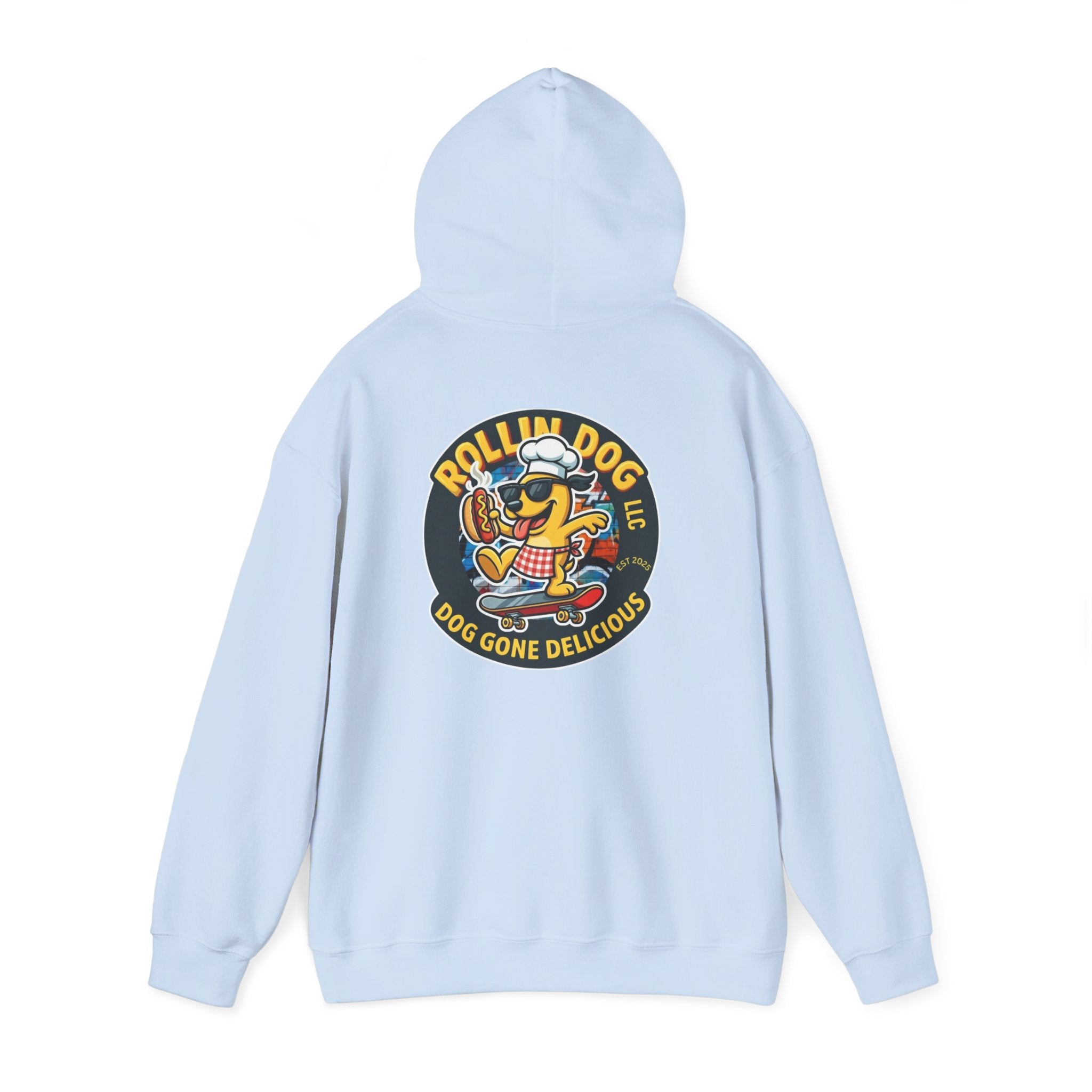 Rollin Dog LLC Skateboard Logo Hoodie — 'Dog Gone Delicious' Chef Hot Dog Graphic Hoodie