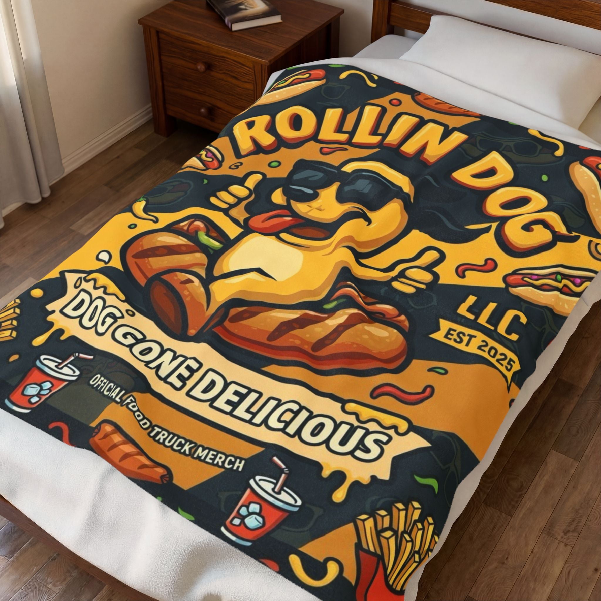 Velveteen Plush Blanket – "Rollin Dog: Dog Gone Delicious" Food Truck Graphic Throw