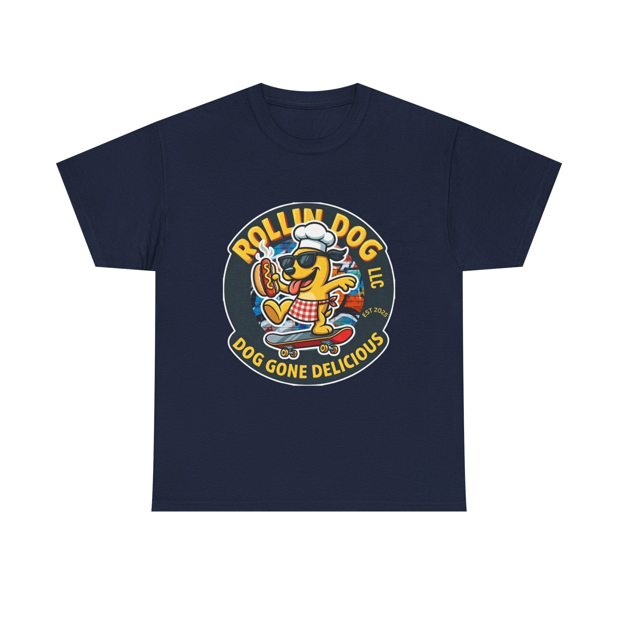 Rollin Dog Skateboard Hot Dog T-Shirt — 'Rollin Dog LLC: Dog Gone Delicious' Vintage Logo Tee