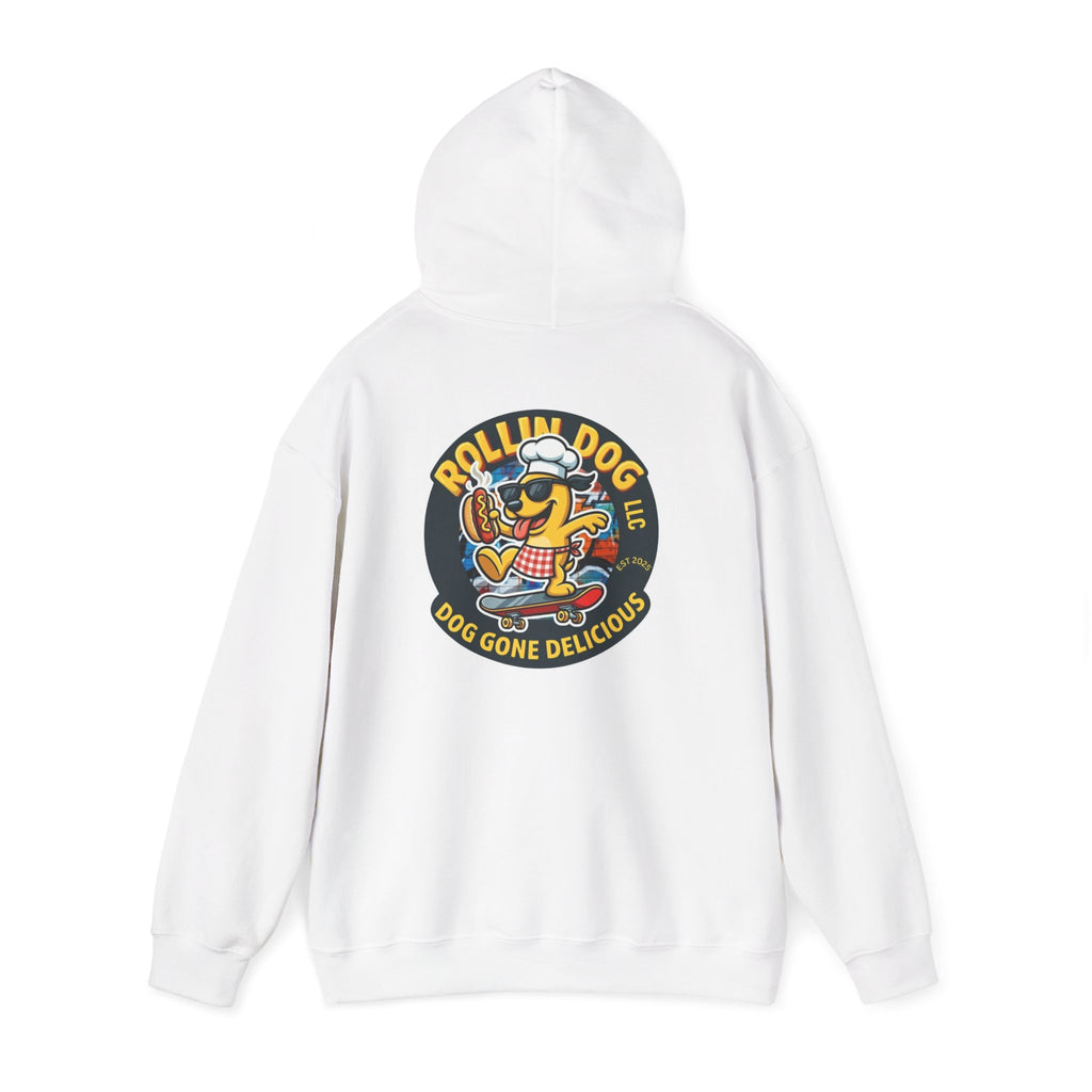 Rollin Dog LLC Skateboard Logo Hoodie — 'Dog Gone Delicious' Chef Hot Dog Graphic Hoodie