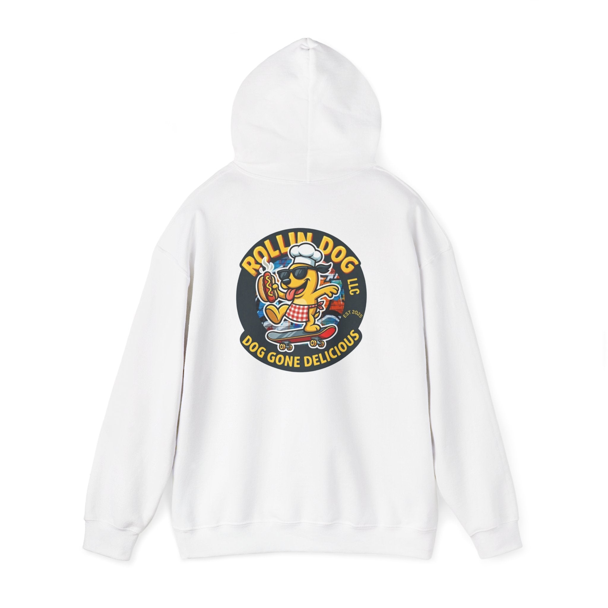Rollin Dog LLC Skateboard Logo Hoodie — 'Dog Gone Delicious' Chef Hot Dog Graphic Hoodie