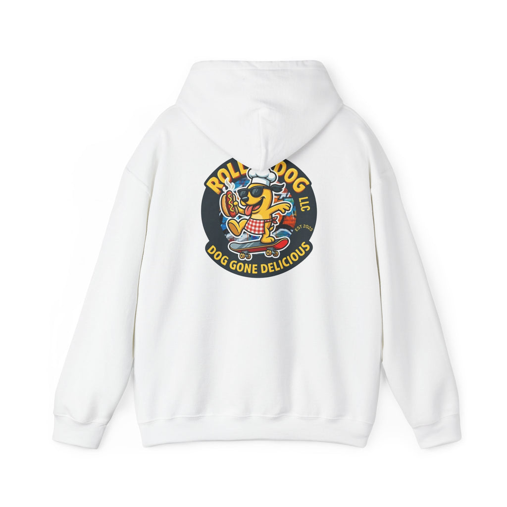 Rollin Dog LLC Skateboard Logo Hoodie — 'Dog Gone Delicious' Chef Hot Dog Graphic Hoodie