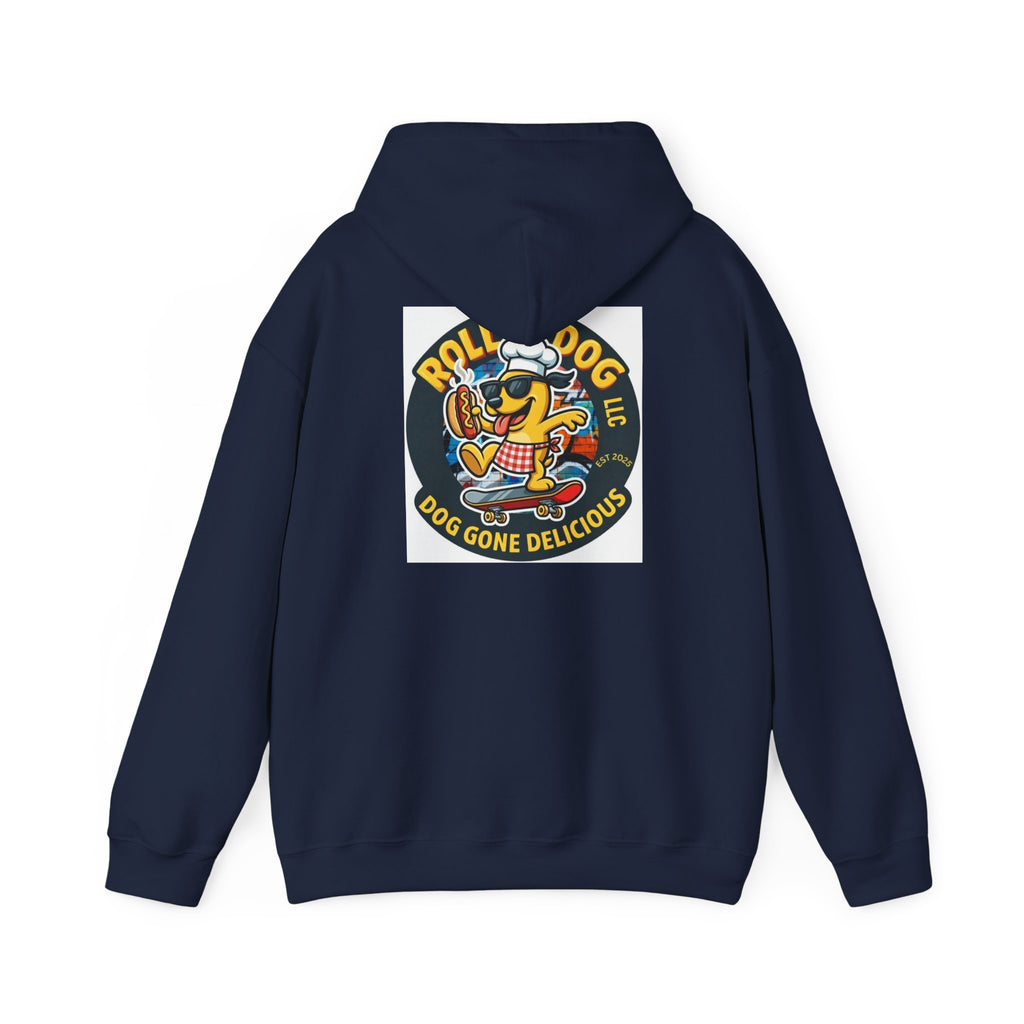 Rollin Dog LLC Skateboard Logo Hoodie — 'Dog Gone Delicious' Chef Hot Dog Graphic Hoodie