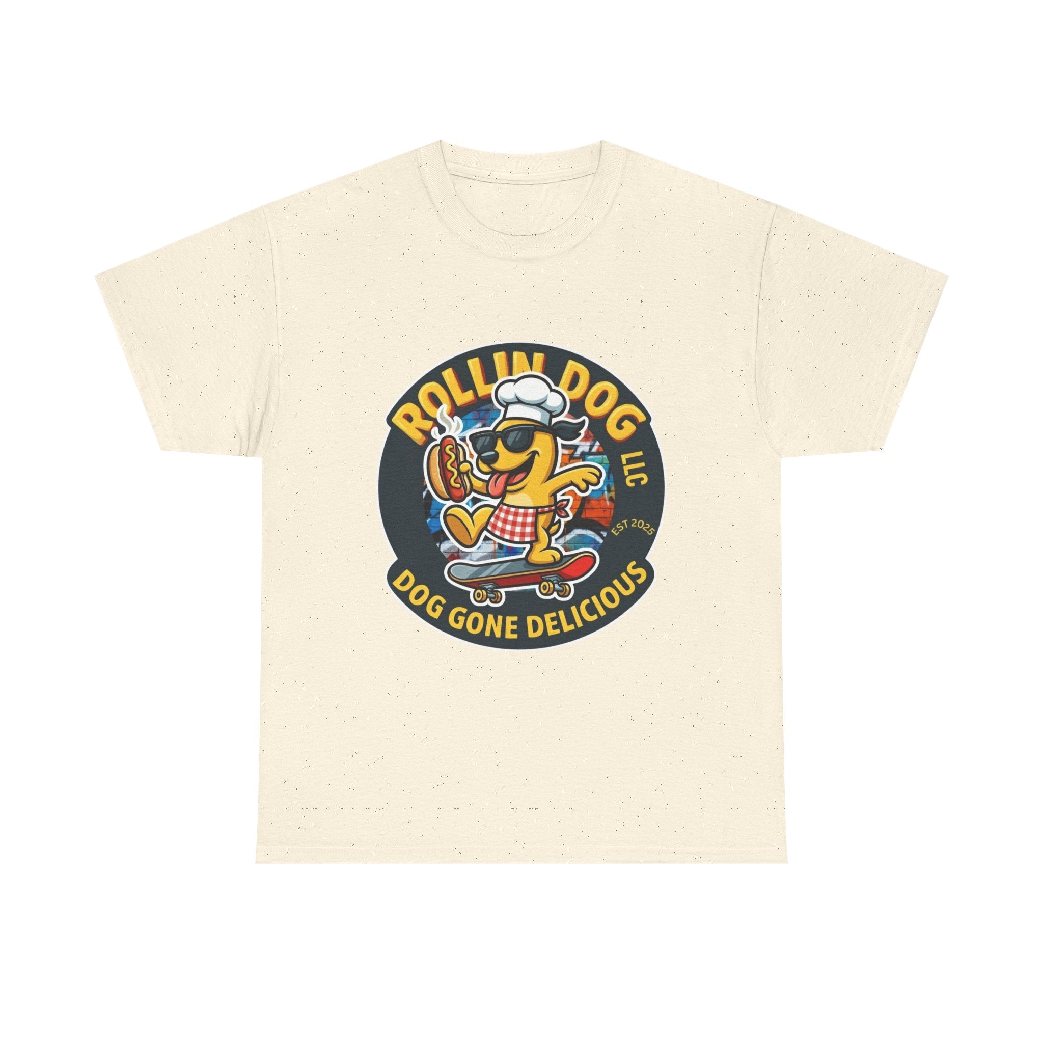 Rollin Dog Skateboard Hot Dog T-Shirt — 'Rollin Dog LLC: Dog Gone Delicious' Vintage Logo Tee