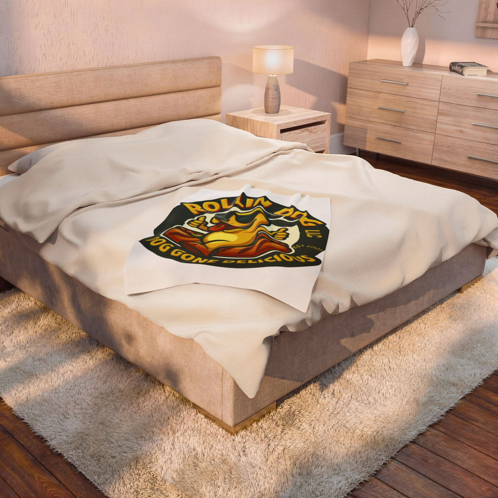 Original Velveteen Plush Blanket — 'Rollin Dog: Dog Gone Delicious' Retro Hot Dog Mascot Throw