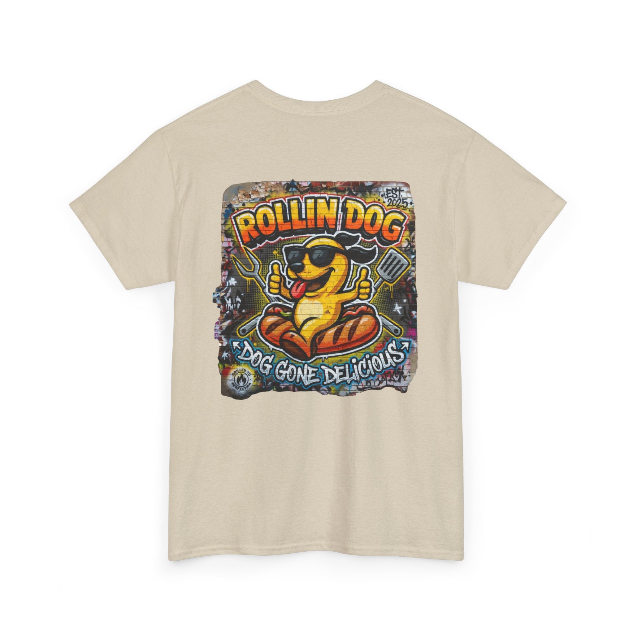 Rollin Dog Tee Graffiti 3 — 'Rollin Dog: Dog Gone Delicious' Graphic T‑Shirt
