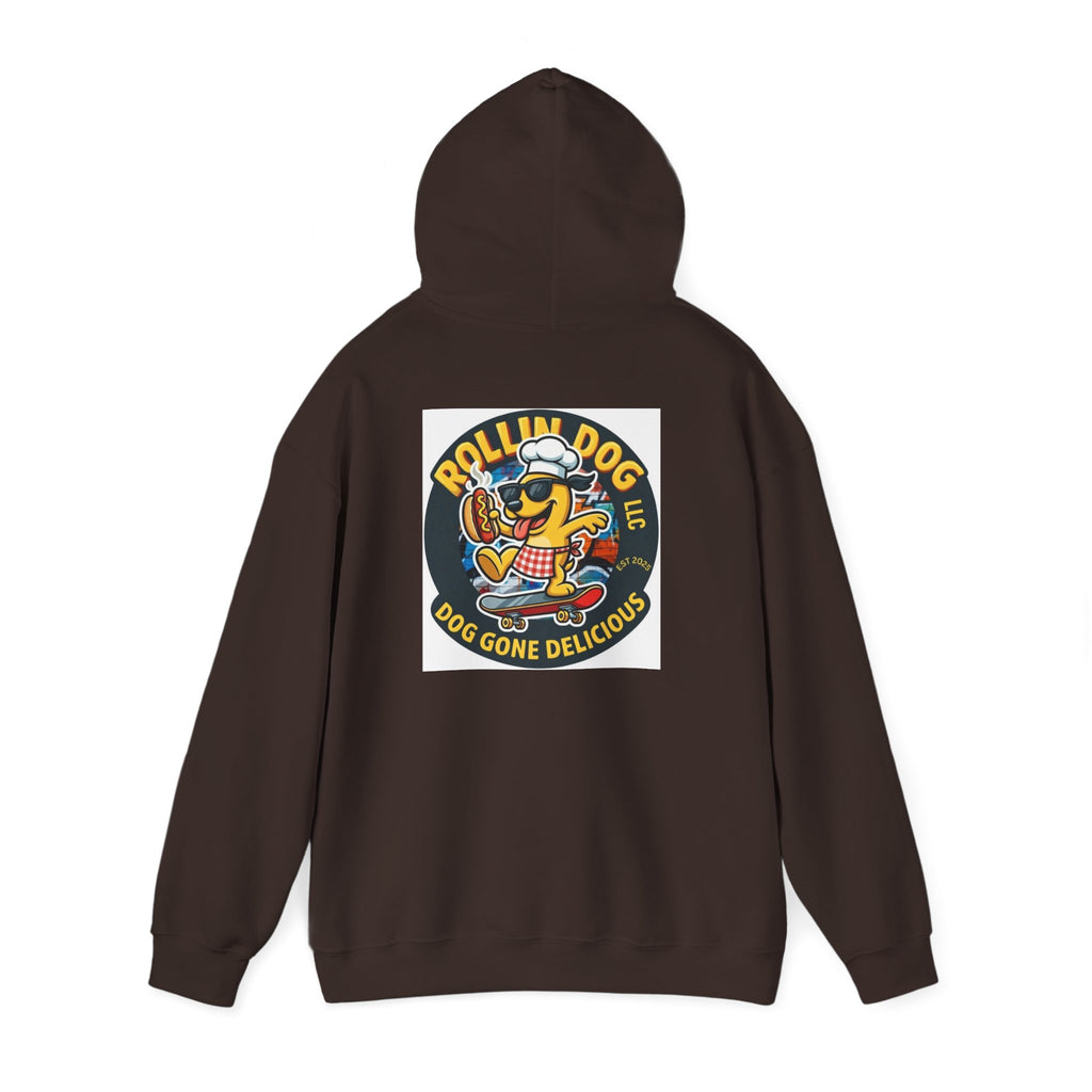 Rollin Dog LLC Skateboard Logo Hoodie — 'Dog Gone Delicious' Chef Hot Dog Graphic Hoodie