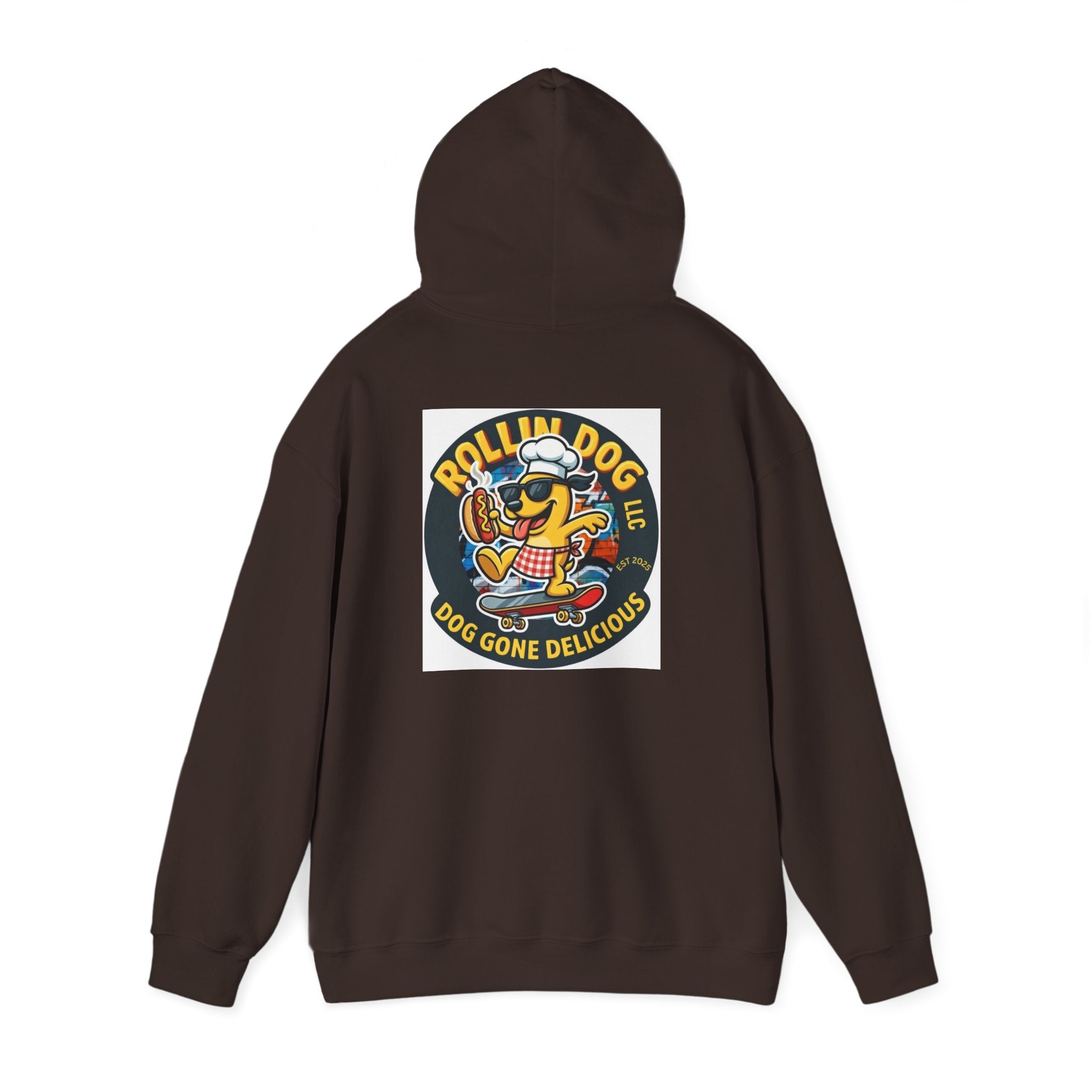 Rollin Dog LLC Skateboard Logo Hoodie — 'Dog Gone Delicious' Chef Hot Dog Graphic Hoodie