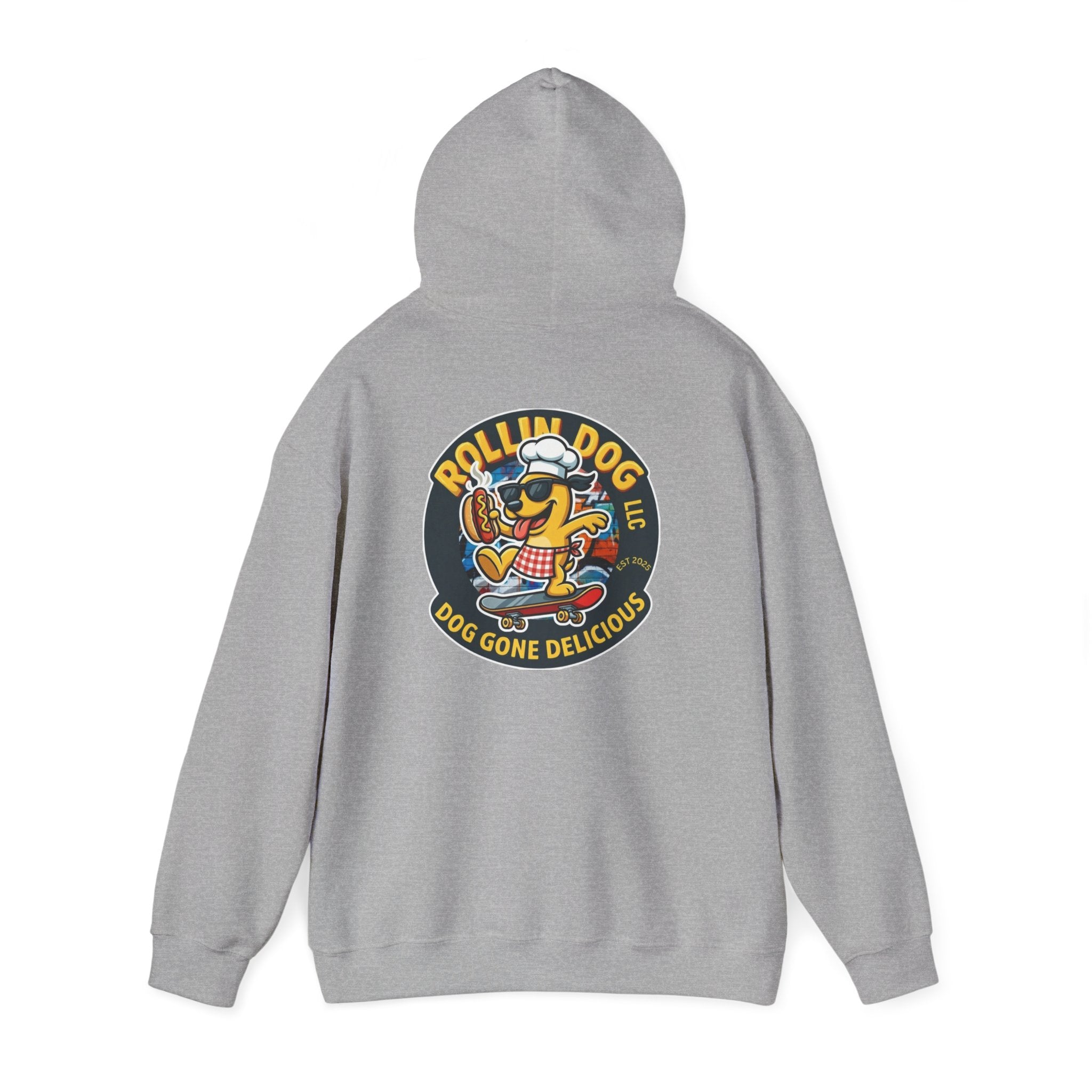 Rollin Dog LLC Skateboard Logo Hoodie — 'Dog Gone Delicious' Chef Hot Dog Graphic Hoodie