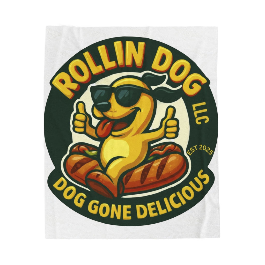 Original Velveteen Plush Blanket — 'Rollin Dog: Dog Gone Delicious' Retro Hot Dog Mascot Throw