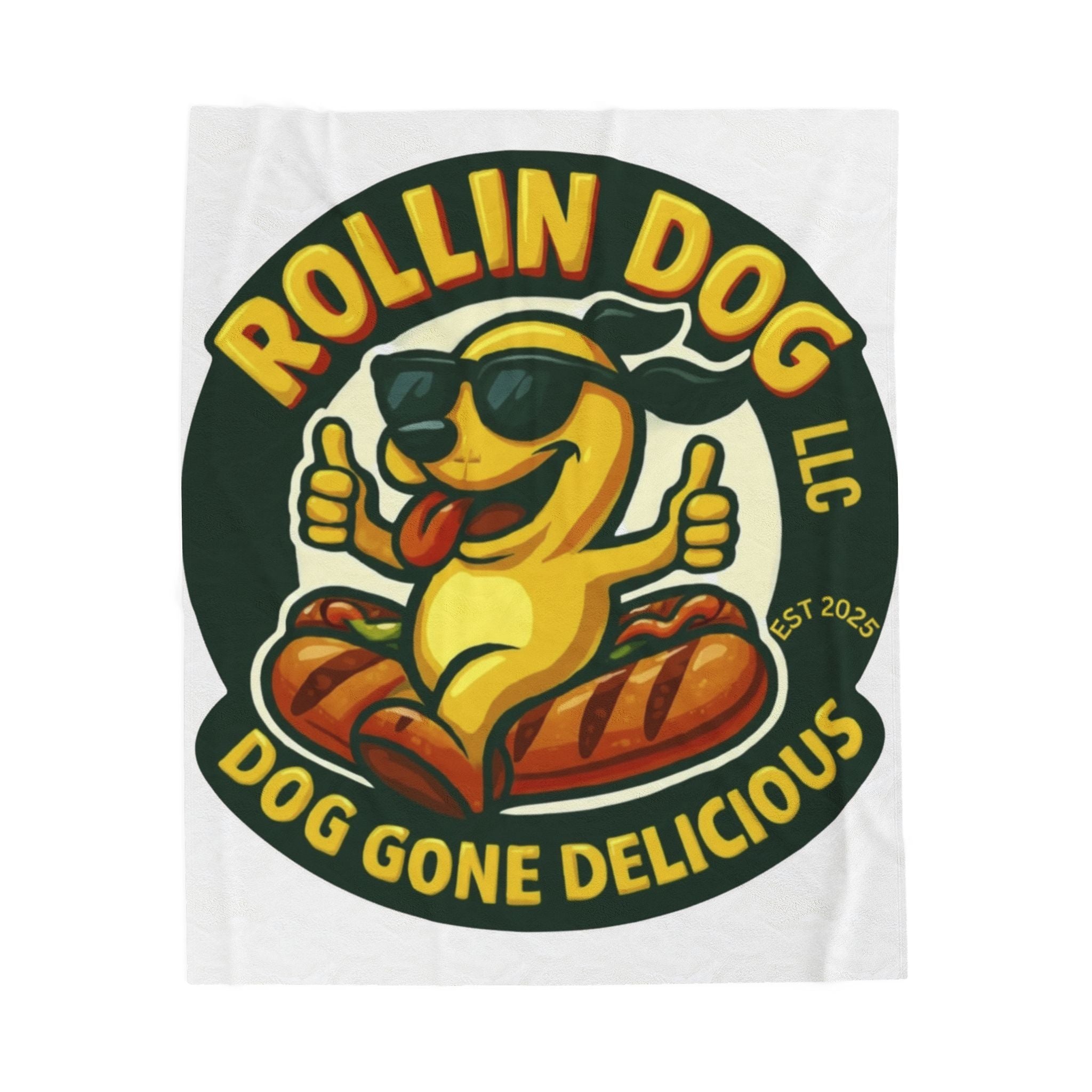 Original Velveteen Plush Blanket — 'Rollin Dog: Dog Gone Delicious' Retro Hot Dog Mascot Throw