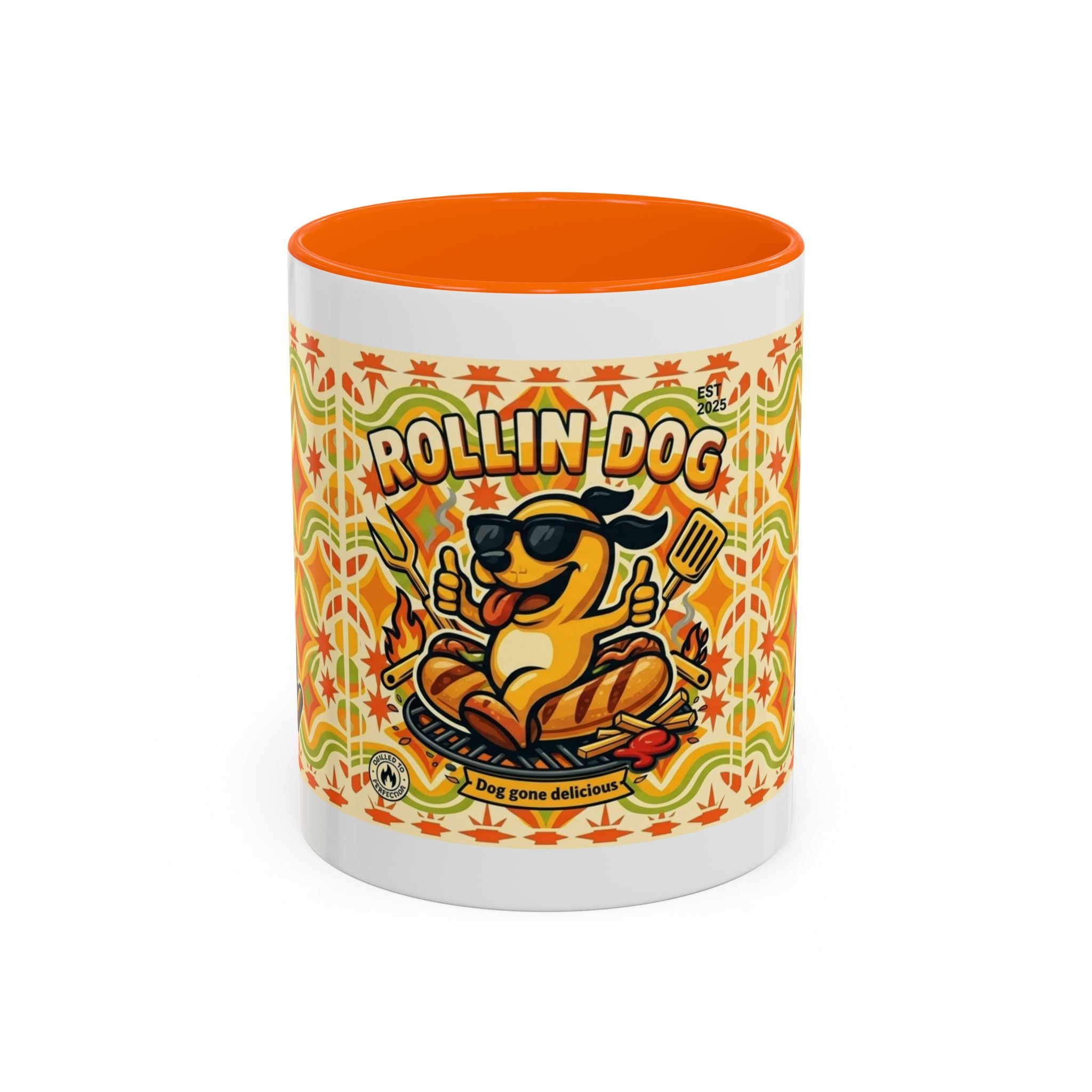 Retron Hot Dog Food Truck Accent Coffee Mug — "Rollin Dog" Retro Summer BBQ Mug (11/15oz)