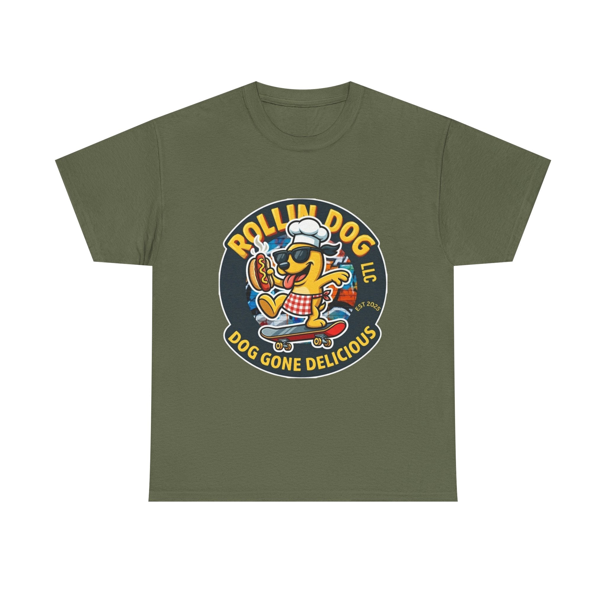 Rollin Dog Skateboard Hot Dog T-Shirt — 'Rollin Dog LLC: Dog Gone Delicious' Vintage Logo Tee