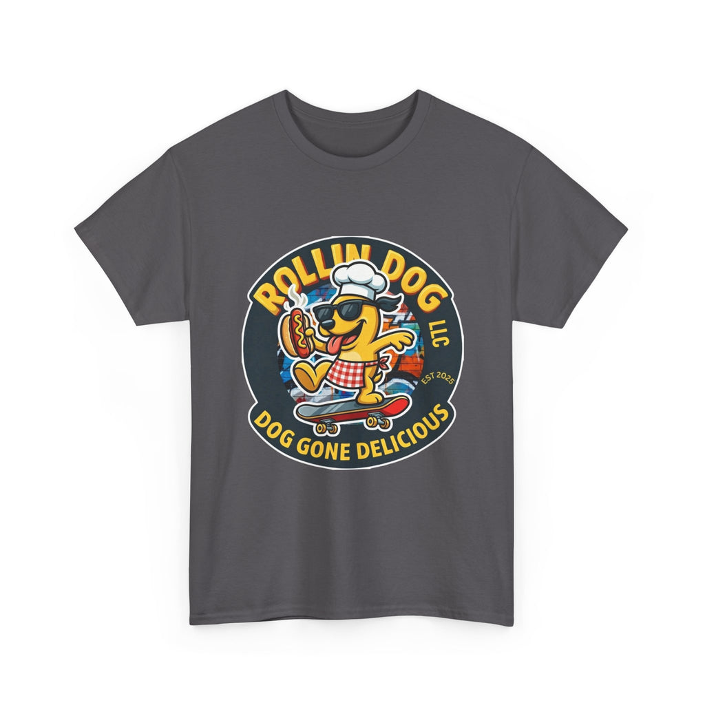 Rollin Dog Skateboard Hot Dog T-Shirt — 'Rollin Dog LLC: Dog Gone Delicious' Vintage Logo Tee