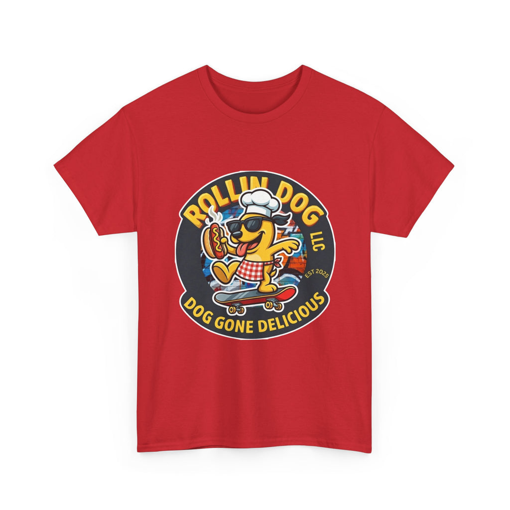 Rollin Dog Skateboard Hot Dog T-Shirt — 'Rollin Dog LLC: Dog Gone Delicious' Vintage Logo Tee