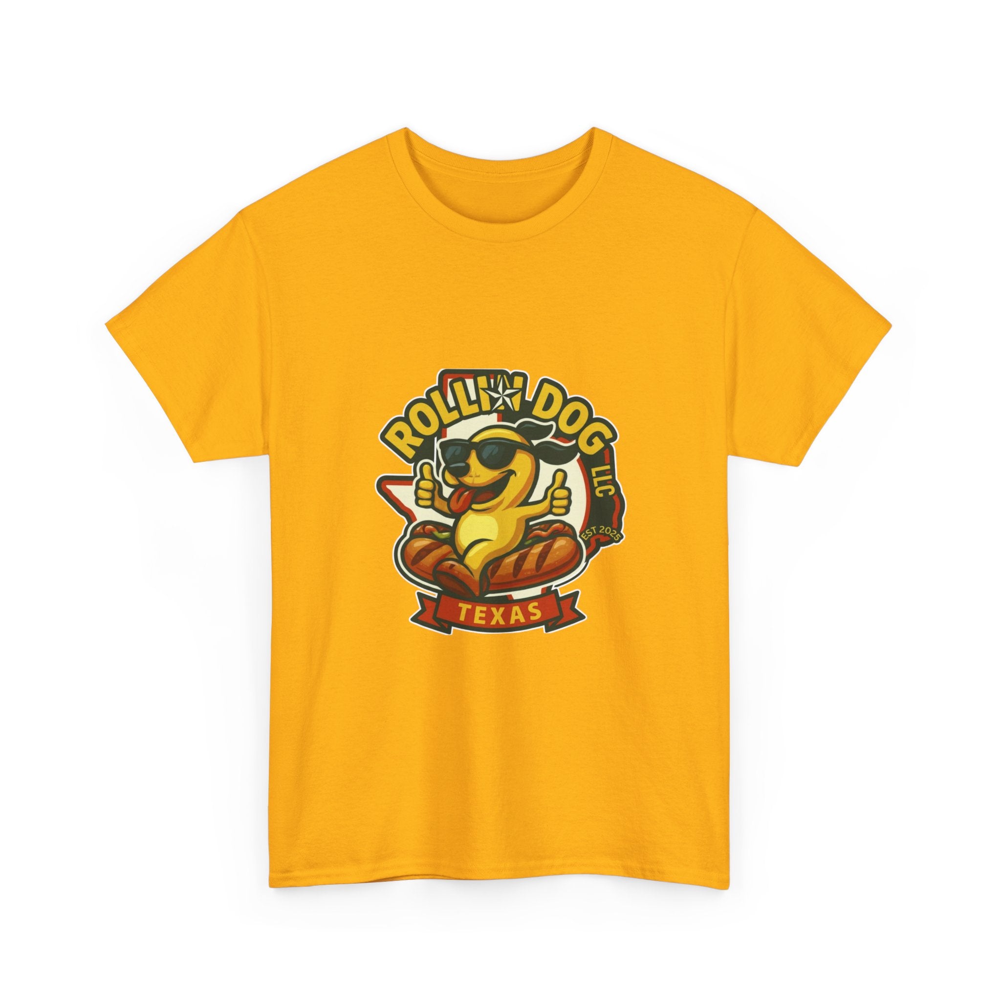 T-Shirt — "Rollin' Dog Texas" Cool Hot Dog Mascot Graphic Tee