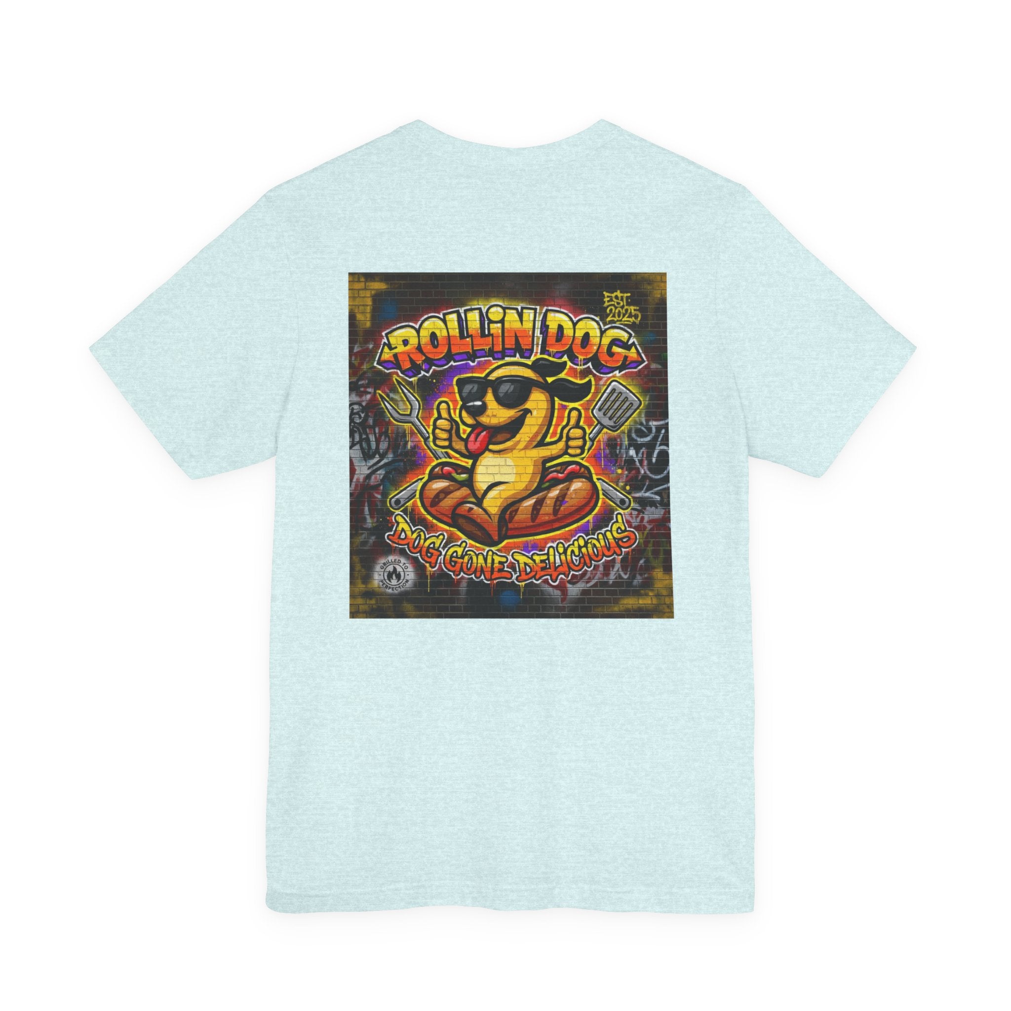 Rollin Dog Graphic Tee Graffiti 1 — Retro Hot Dog Street Art T-Shirt