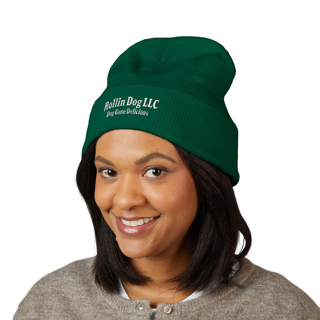 Embroidered Classic White Cuffed Beanie - Rollin Dog LLC Logo