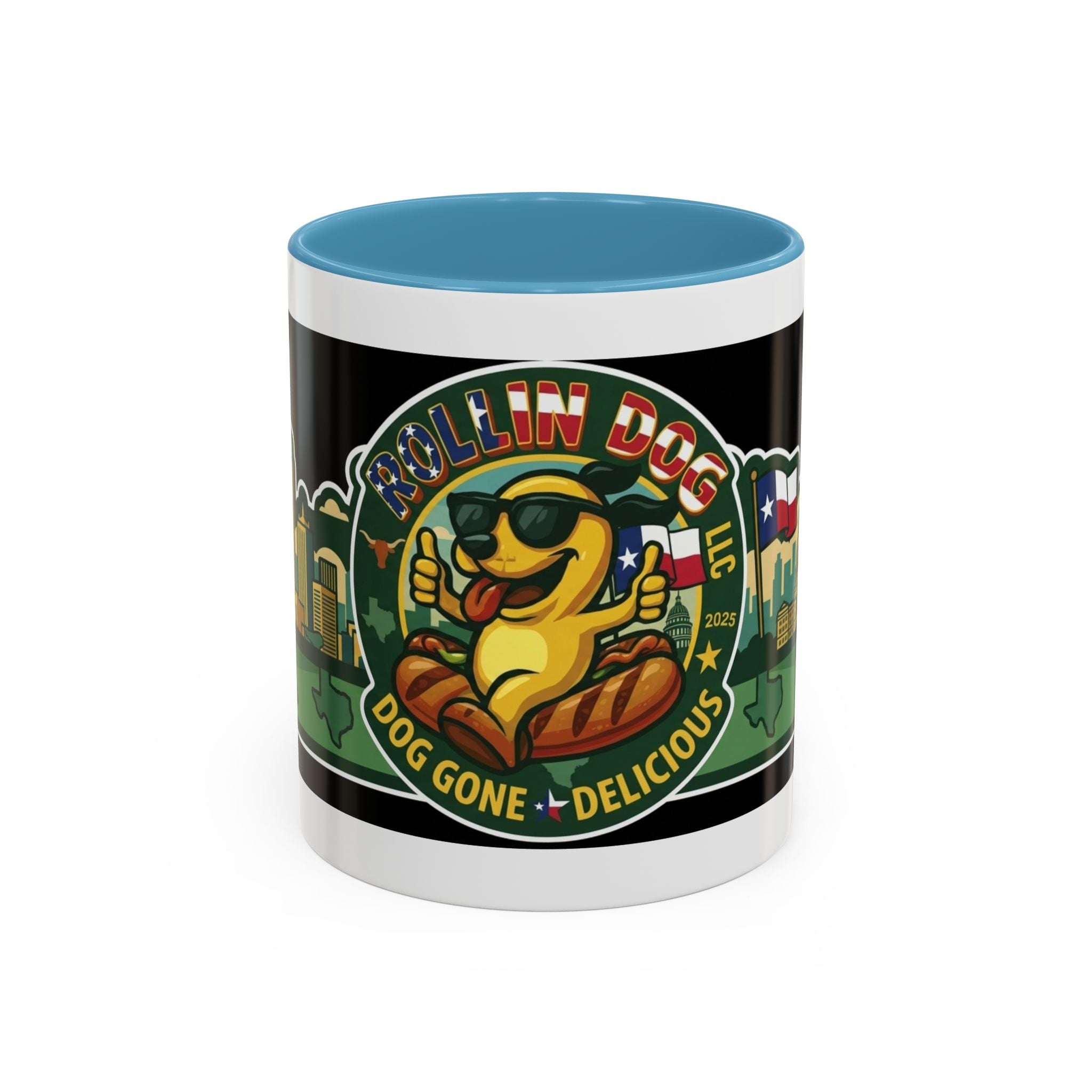 San Antonio Rollin Dog Coffee Mug — Fun Hot Dog Logo Accent Mug (11/15oz)