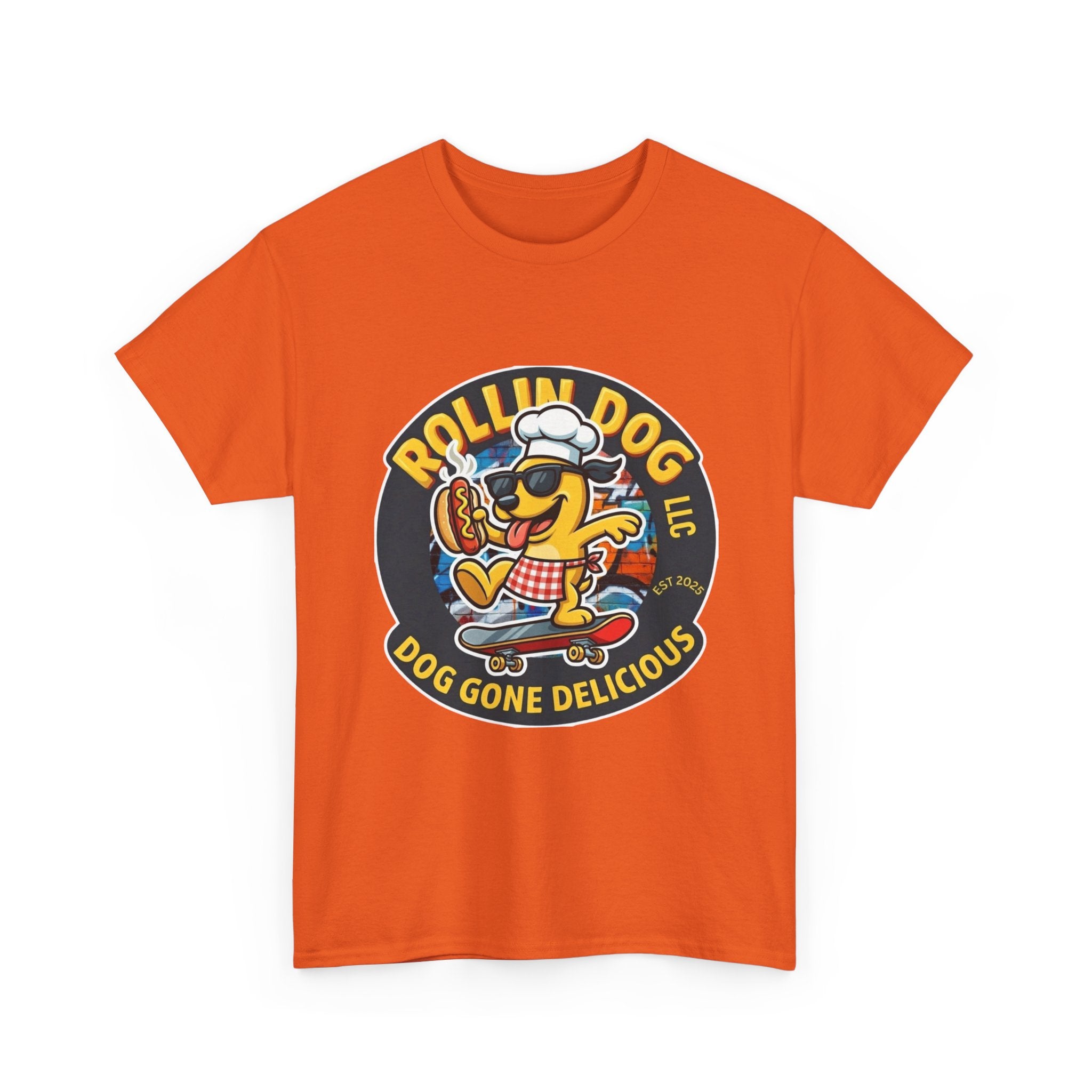 Rollin Dog Skateboard Hot Dog T-Shirt — 'Rollin Dog LLC: Dog Gone Delicious' Vintage Logo Tee