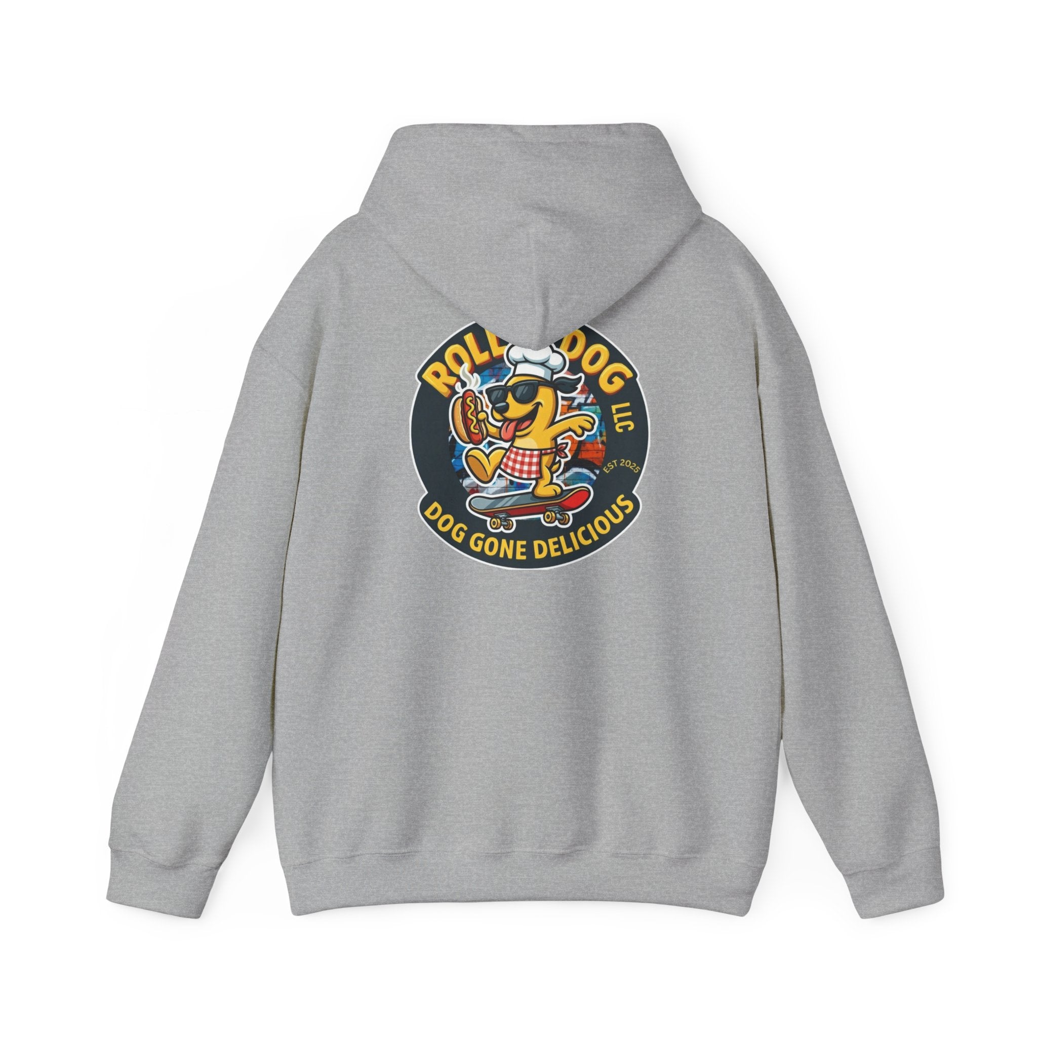 Rollin Dog LLC Skateboard Logo Hoodie — 'Dog Gone Delicious' Chef Hot Dog Graphic Hoodie
