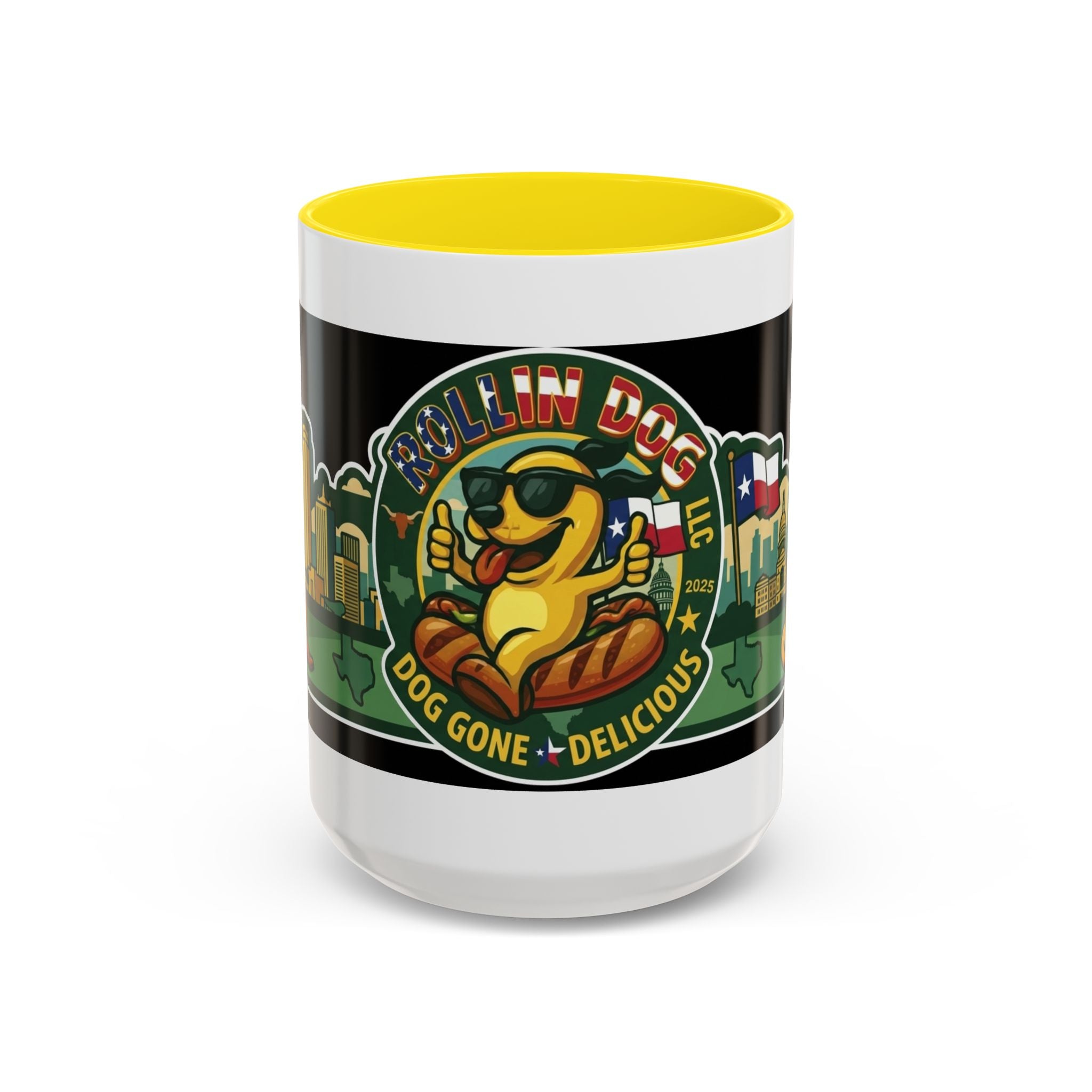 San Antonio Rollin Dog Coffee Mug — Fun Hot Dog Logo Accent Mug (11/15oz)