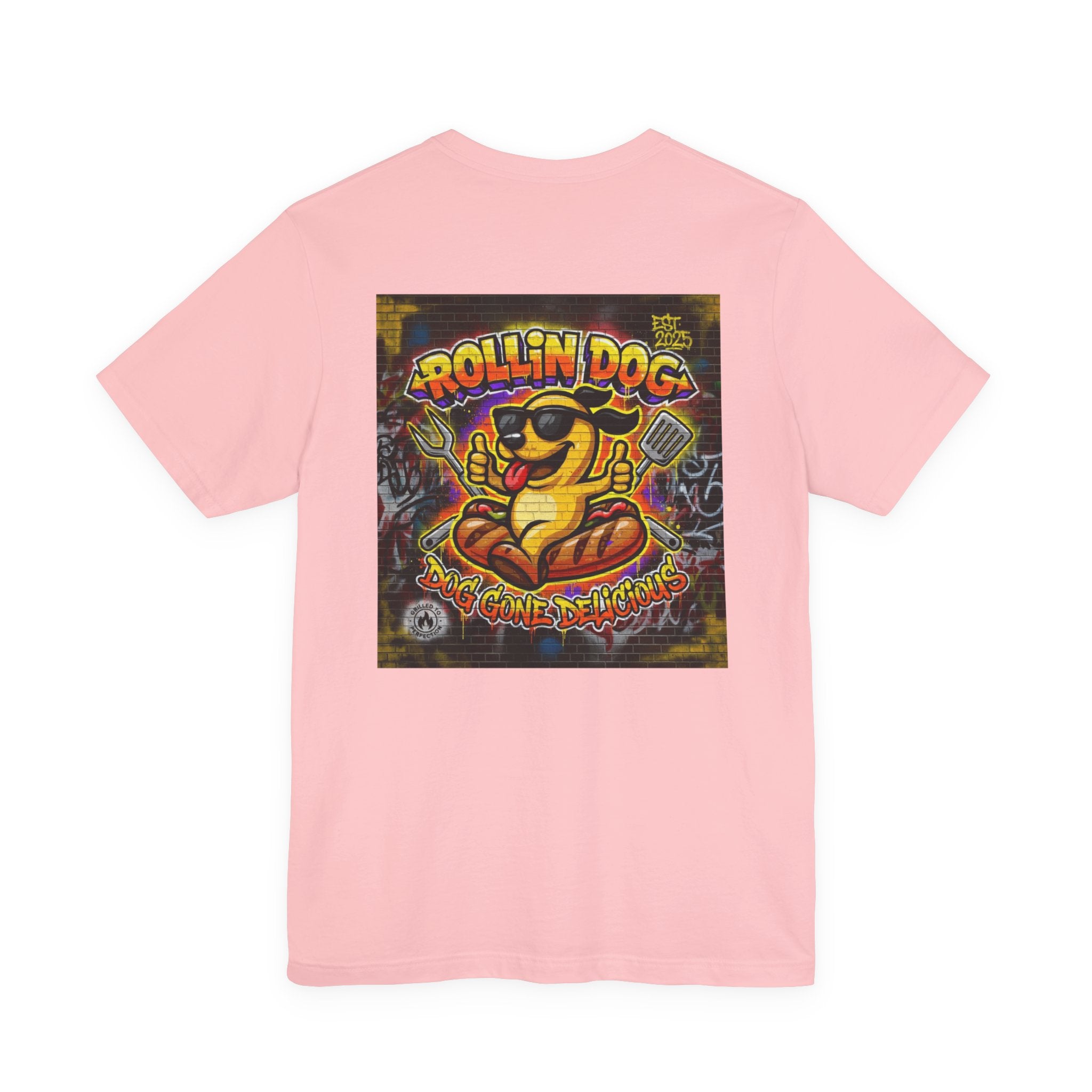Rollin Dog Graphic Tee Graffiti 1 — Retro Hot Dog Street Art T-Shirt