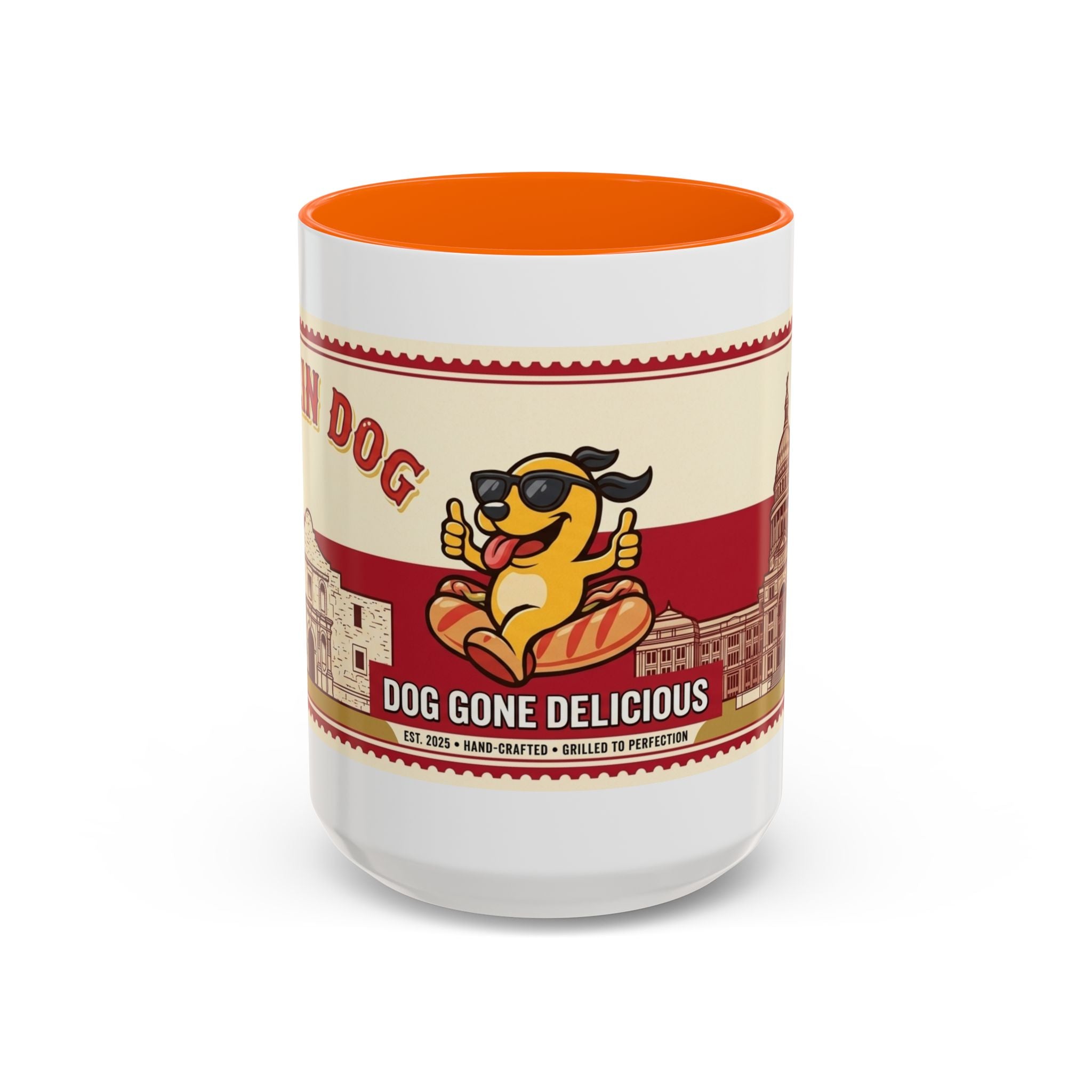 Rollin Dog Coffee Mug — Retro 'Dog Gone Delicious' Hot Dog Design (11/15oz)