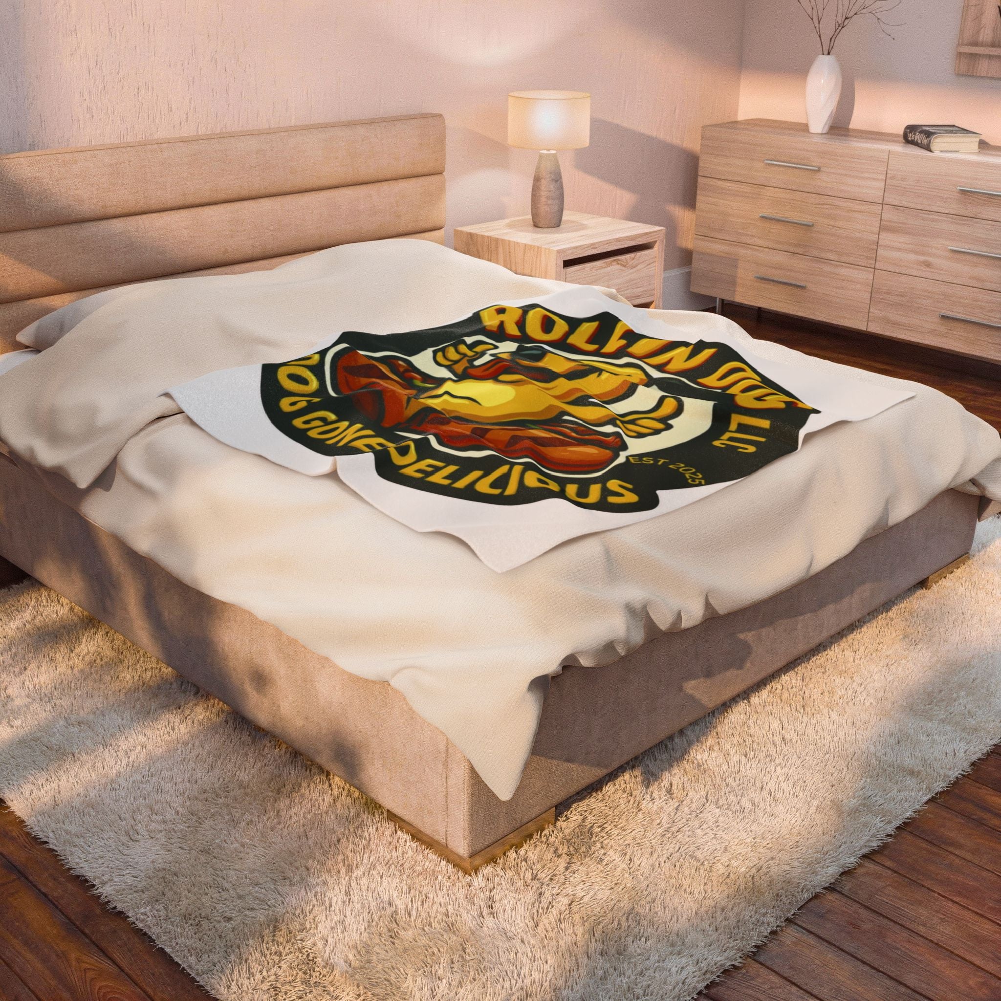 Original Velveteen Plush Blanket — 'Rollin Dog: Dog Gone Delicious' Retro Hot Dog Mascot Throw