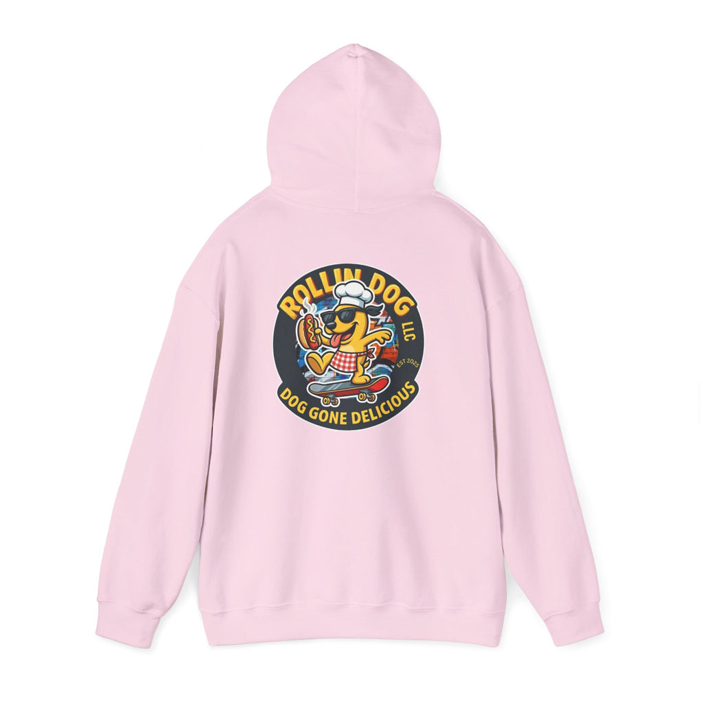 Rollin Dog LLC Skateboard Logo Hoodie — 'Dog Gone Delicious' Chef Hot Dog Graphic Hoodie