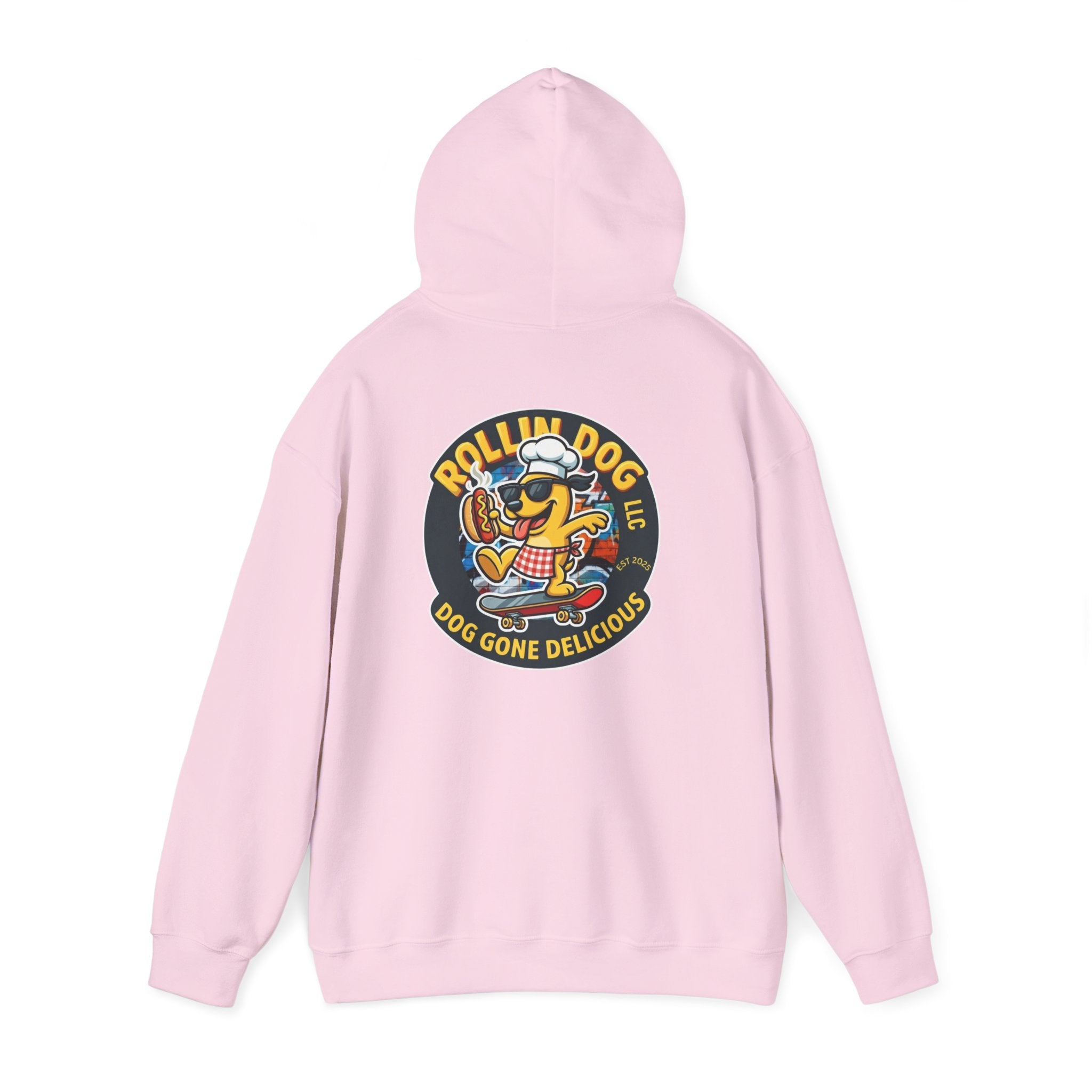 Rollin Dog LLC Skateboard Logo Hoodie — 'Dog Gone Delicious' Chef Hot Dog Graphic Hoodie